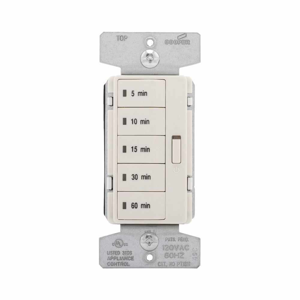 Eaton Accell minute timer, 5, 10, 15, 30, and 60 minute default settings, 15A, 120V, Wire leads, Five button, Light almond, Load type: Incandescent, halogen, MLV, ELV, fluorescent, CFL, LED, Single-pole, Polycarbonate, 1800W