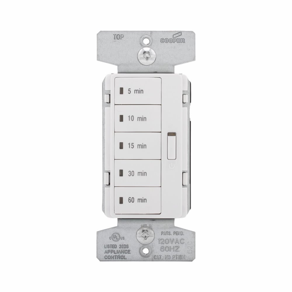 Eaton Accell minute timer, 5, 10, 15, 30, and 60 minute default settings, 15A, 120V, Wire leads, Five button, White, Load type: Incandescent, halogen, MLV, ELV, fluorescent, CFL, LED, Single-pole, Polycarbonate, 1800W