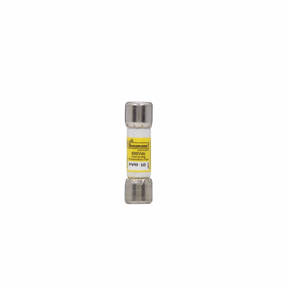 Eaton Bussmann series PVM photovoltaic fuse, Midget Fuse, 600 Vdc, 50 kAIC interrupt rating, Fast acting class, Fuse Holder and Block mounting, Ferrule end X ferrule end connection, 10A current rating, 50 kA DC breaking capacity