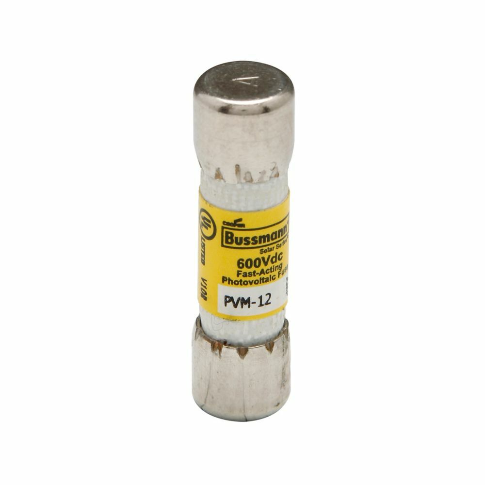 Eaton Bussmann series PVM photovoltaic fuse, Midget Fuse, 600 Vdc, 50 kAIC interrupt rating, Fast acting class, Fuse Holder and Block mounting, Ferrule end X ferrule end connection, 12A current rating, 50 kA DC breaking capacity