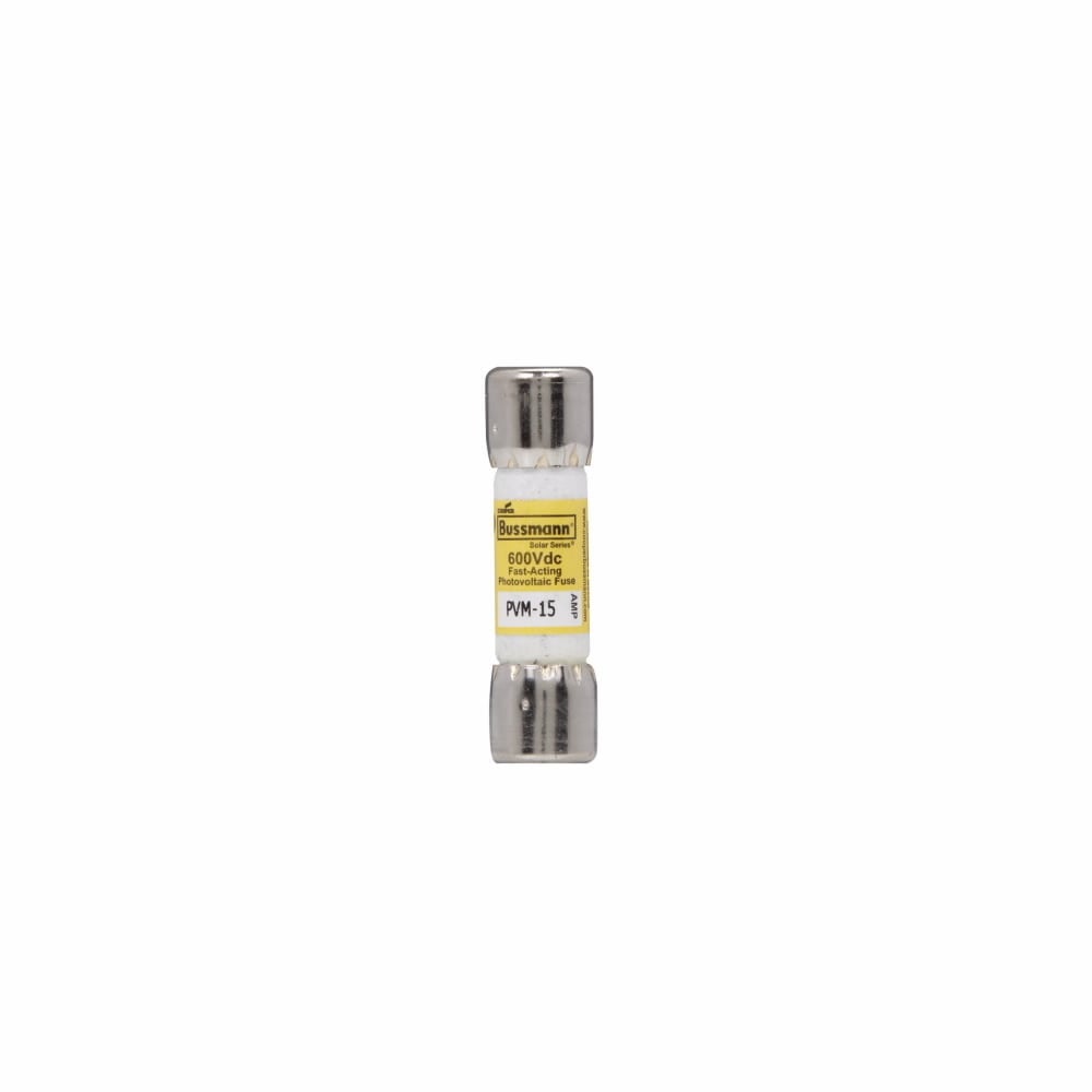 Eaton Bussmann series PVM photovoltaic fuse, Midget Fuse, 600 Vdc, 50 kAIC interrupt rating, Fast acting class, Fuse Holder and Block mounting, Ferrule end X ferrule end connection, 15A current rating, 50 kA DC breaking capacity