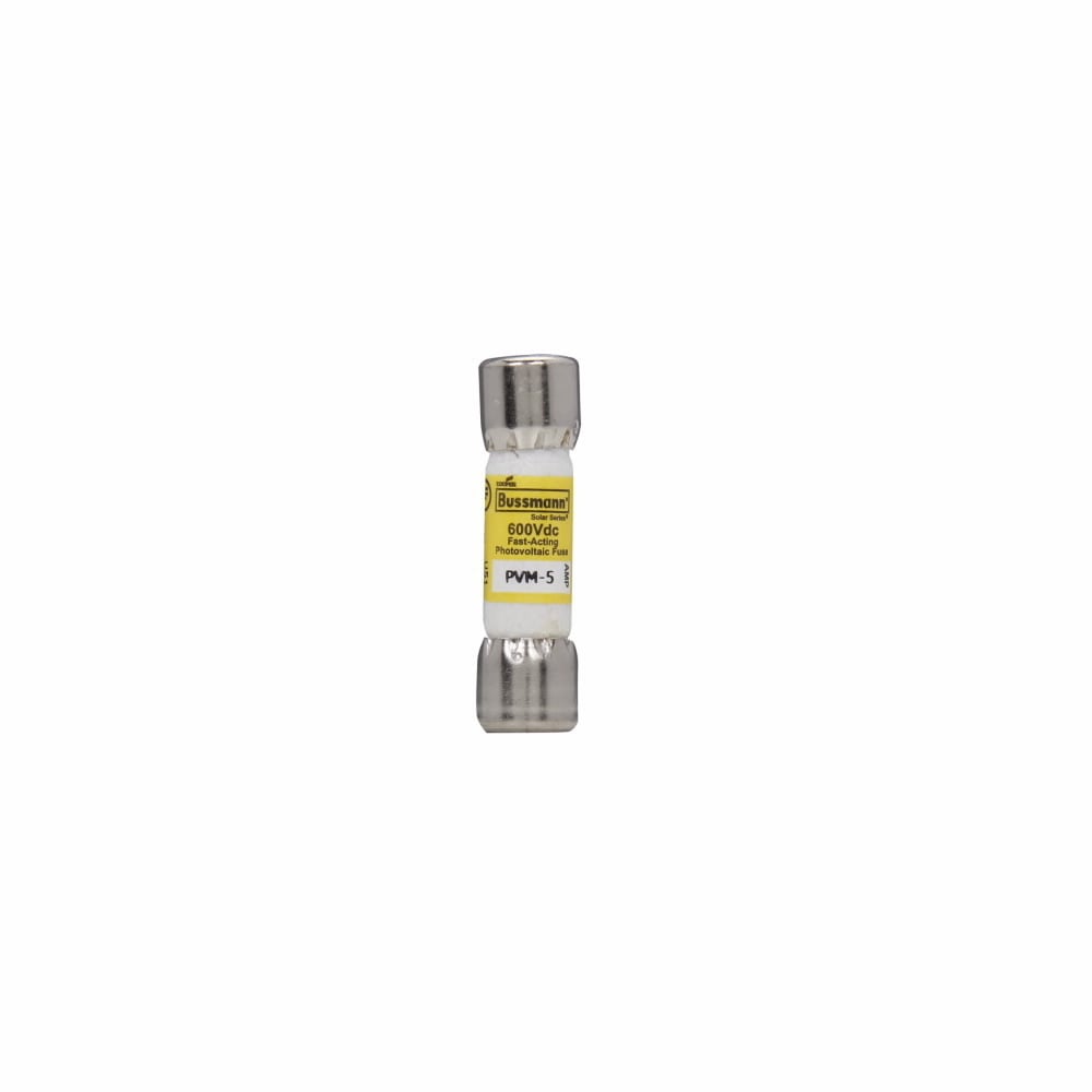Eaton Bussmann series PVM photovoltaic fuse, Midget Fuse, 600 Vdc, 50 kAIC interrupt rating, Fast acting class, Fuse Holder and Block mounting, Ferrule end X ferrule end connection, 5A current rating, 50 kA DC breaking capacity
