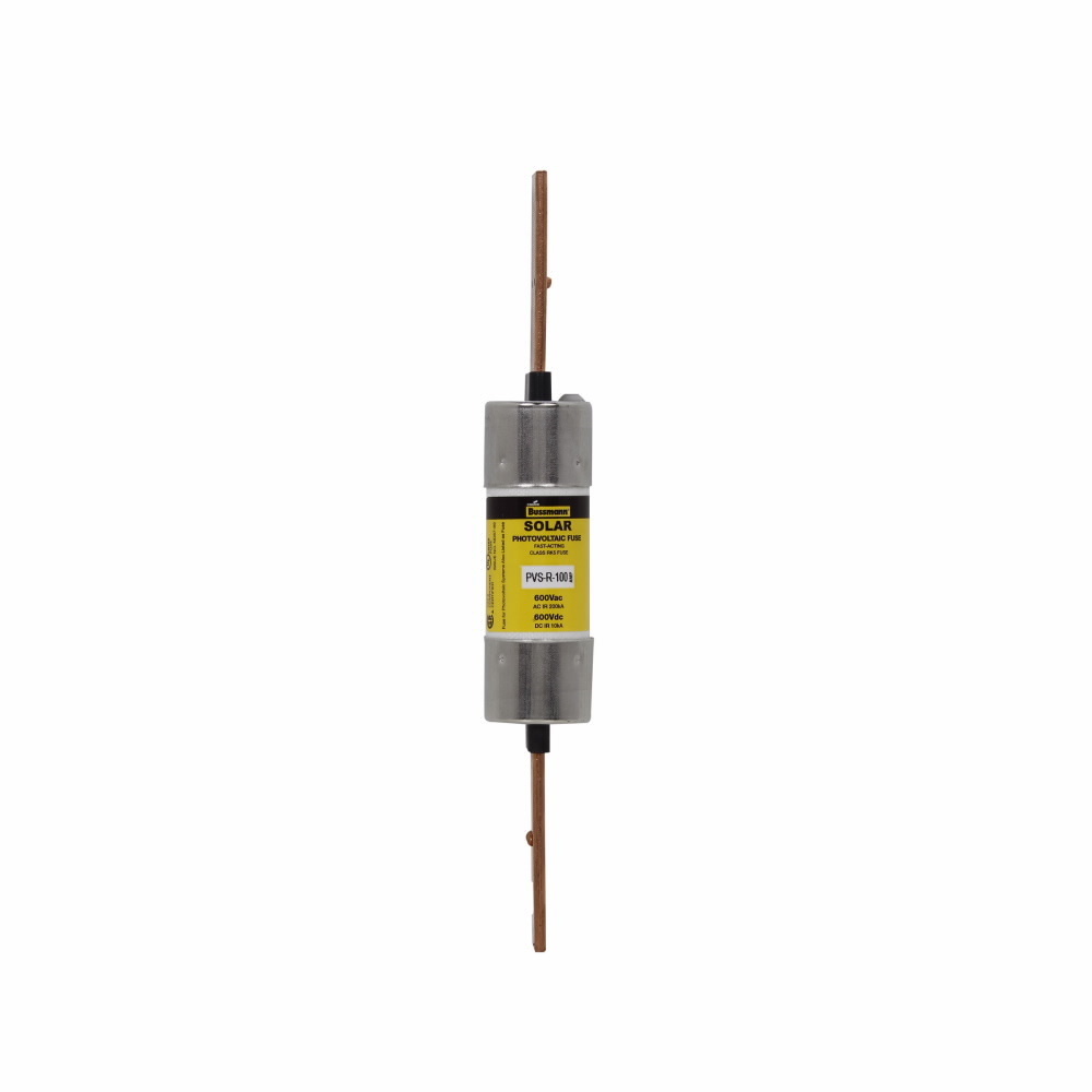 Eaton Bussmann series PVS-R photovoltaic fuse, Fast-Acting Fuse, Current limiting, 100A, 600 Vac, 600 Vdc, 200 kAIC (RMS Symmetrical UL), 10 kAIC (DC) interrupt rating, RK5 class, Blade end X blade end connection, 1.34 in diameter