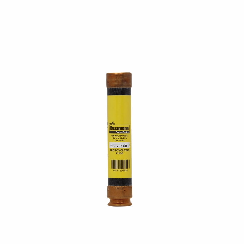Eaton Bussmann series PVS-R photovoltaic fuse, Fast-Acting Fuse, Current limiting, 60A, 600 Vac, 600 Vdc, 200 kAIC (RMS Symmetrical UL), 10 kAIC (DC) interrupt rating, RK5 class, Blade end X blade end connection, 1.06 in diameter