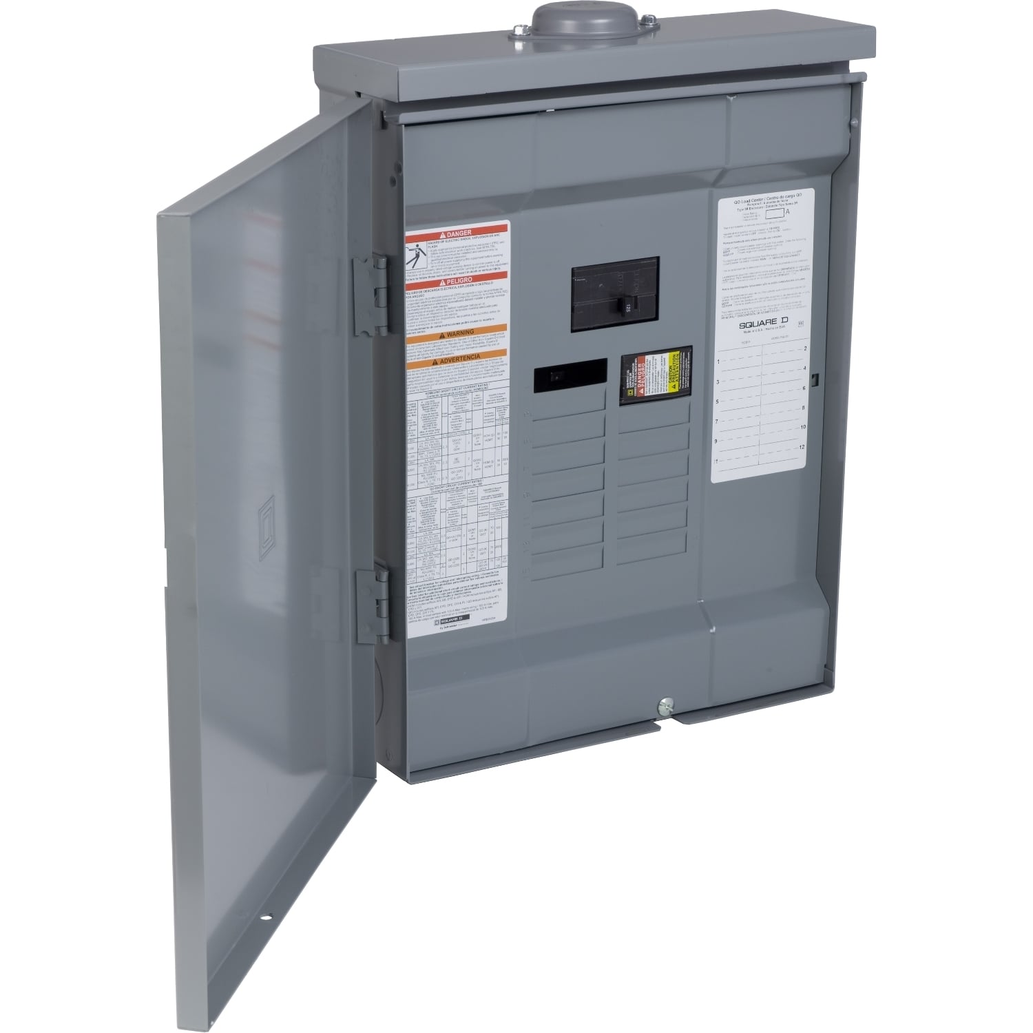 Load center, QO, 1 phase, 6 spaces, 12 circuits, 125A convertible main breaker, NEMA3R, feedthru lugs