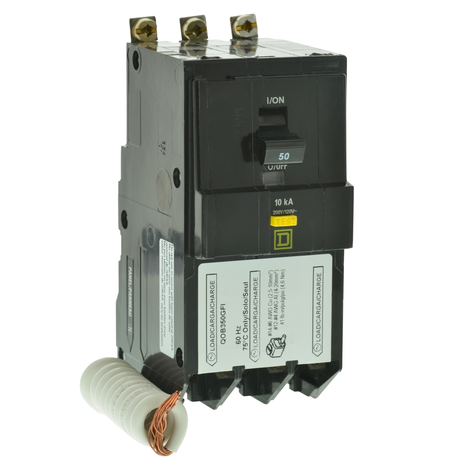 Mini circuit breaker, QO, 50A, 3 pole, 208Y/120VAC, 10kA, bolt on, 6mA grd fault A, pigtail [TAA]