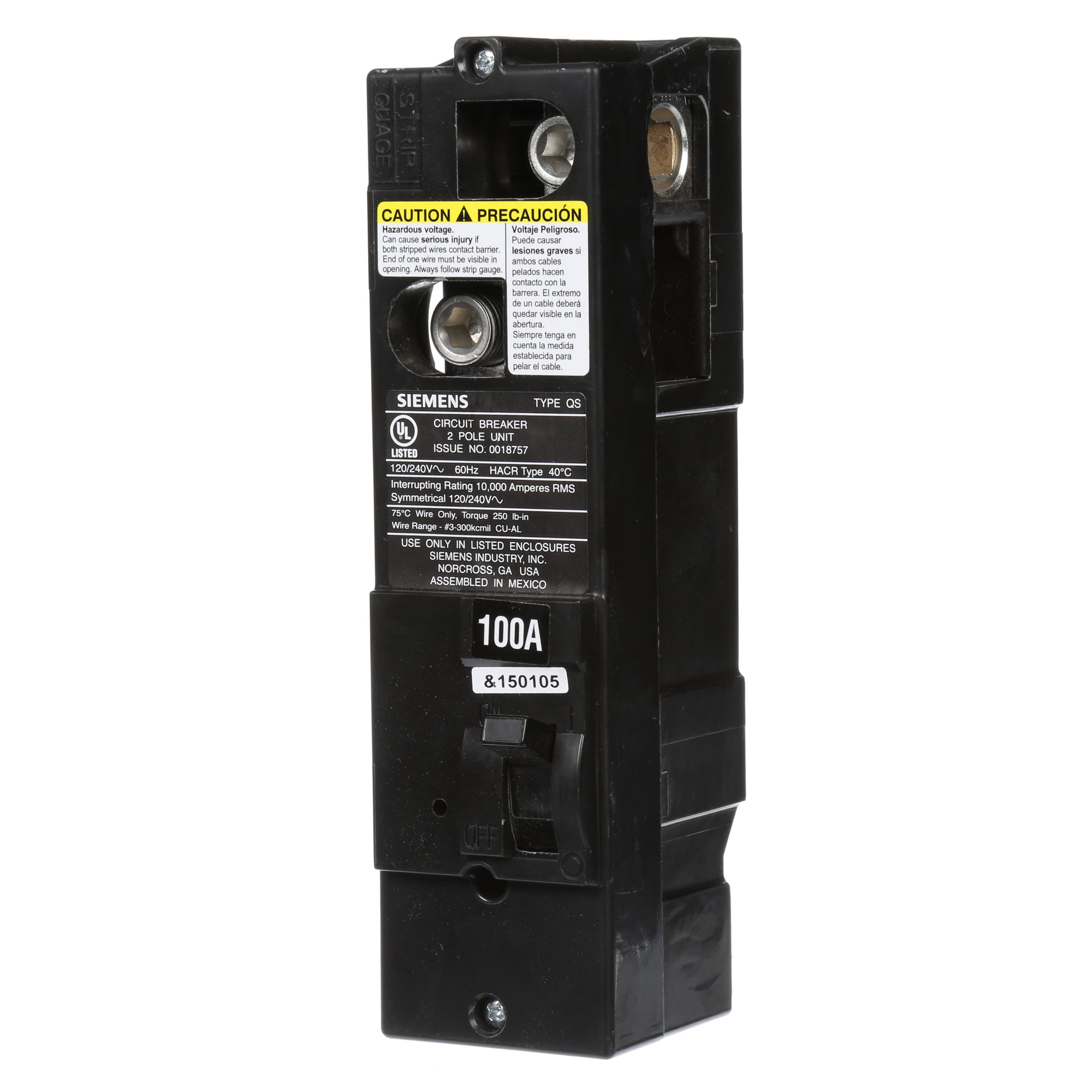  Low Voltage Residential Circuit Breakers Main Breakers - Type QS Breakers are Circuit Protection Load Center Mains, Feeders, and Miniature Circuit Breakers. Type QS Application Electrical Distribution Standard UL 489 Voltage Rating120/240V Amperage Rating 100A Trip Range Thermal Magnetic Interrupt Rating 10 AIC Number Of Poles 2P