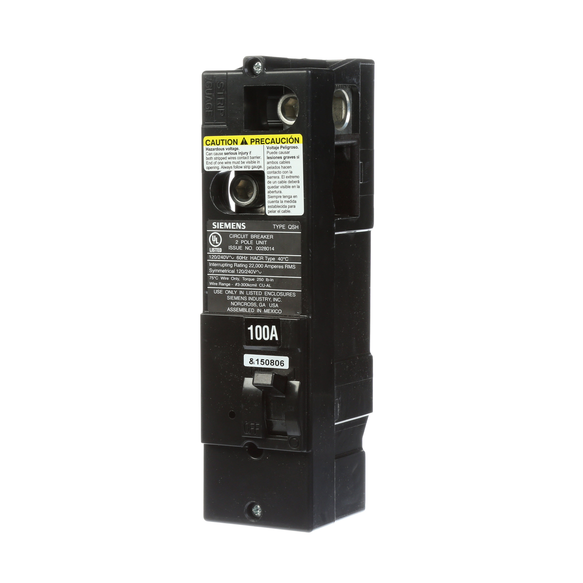  Low Voltage Residential Circuit Breakers Main Breakers - Type QS Breakers are Circuit Protection Load Center Mains, Feeders, and Miniature Circuit Breakers. Type QSH Application Electrical Distribution Standard UL 489 Voltage Rating 120/240V Amperage Rating 100A Trip Range Thermal Magnetic Interrupt Rating 22 AIC Number Of Poles 2P