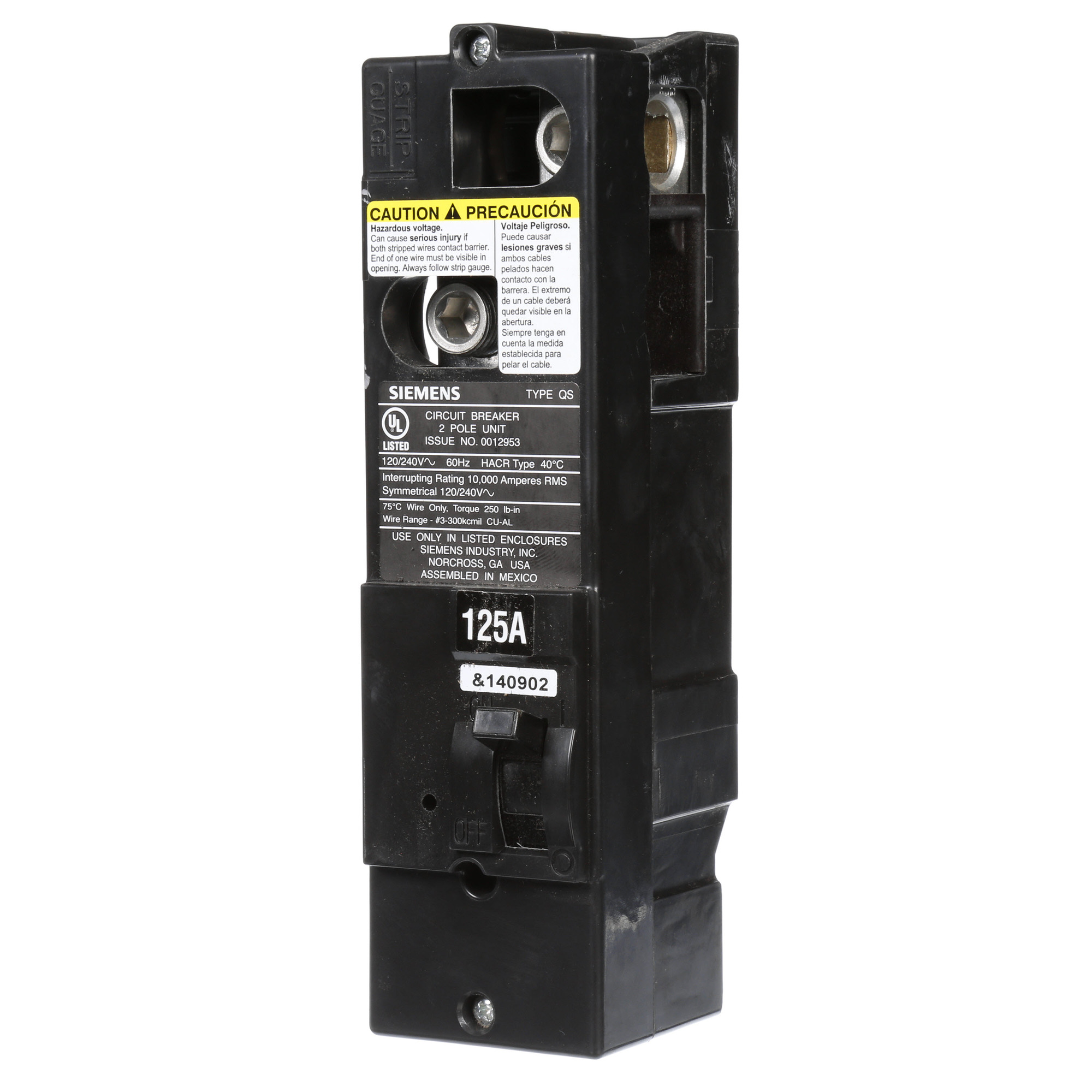  Low Voltage Residential Circuit Breakers Main Breakers - Type QS Breakers are Circuit Protection Load Center Mains, Feeders, and Miniature Circuit Breakers. Type QS Application Electrical Distribution Standard UL 489 Voltage Rating120/240V Amperage Rating 125A Trip Range Thermal Magnetic Interrupt Rating 10 AIC Number Of Poles 2P