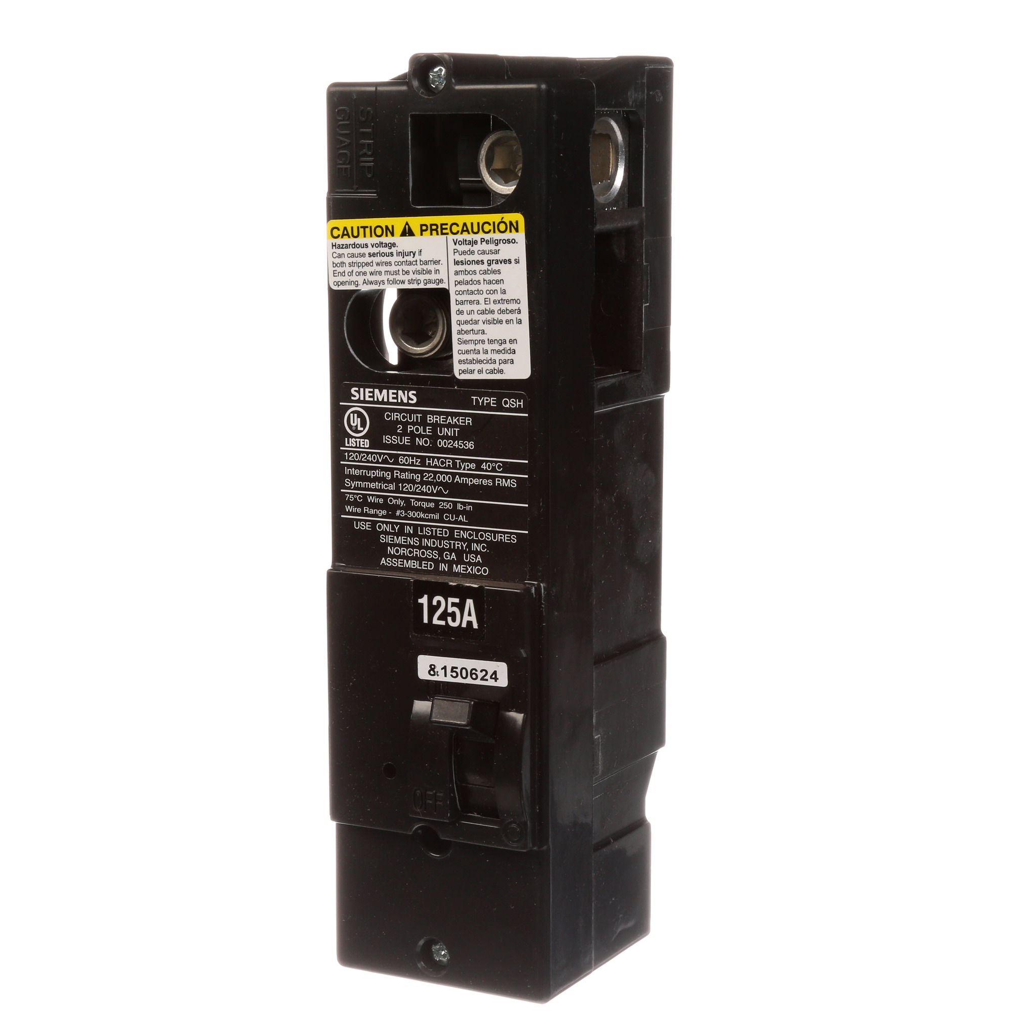  Low Voltage Residential Circuit Breakers Main Breakers - Type QS Breakers are Circuit Protection Load Center Mains, Feeders, and Miniature Circuit Breakers. Type QSH Application Electrical Distribution Standard UL 489 Voltage Rating 120/240V Amperage Rating 125A Trip Range Thermal Magnetic Interrupt Rating 22 AIC Number Of Poles 2P