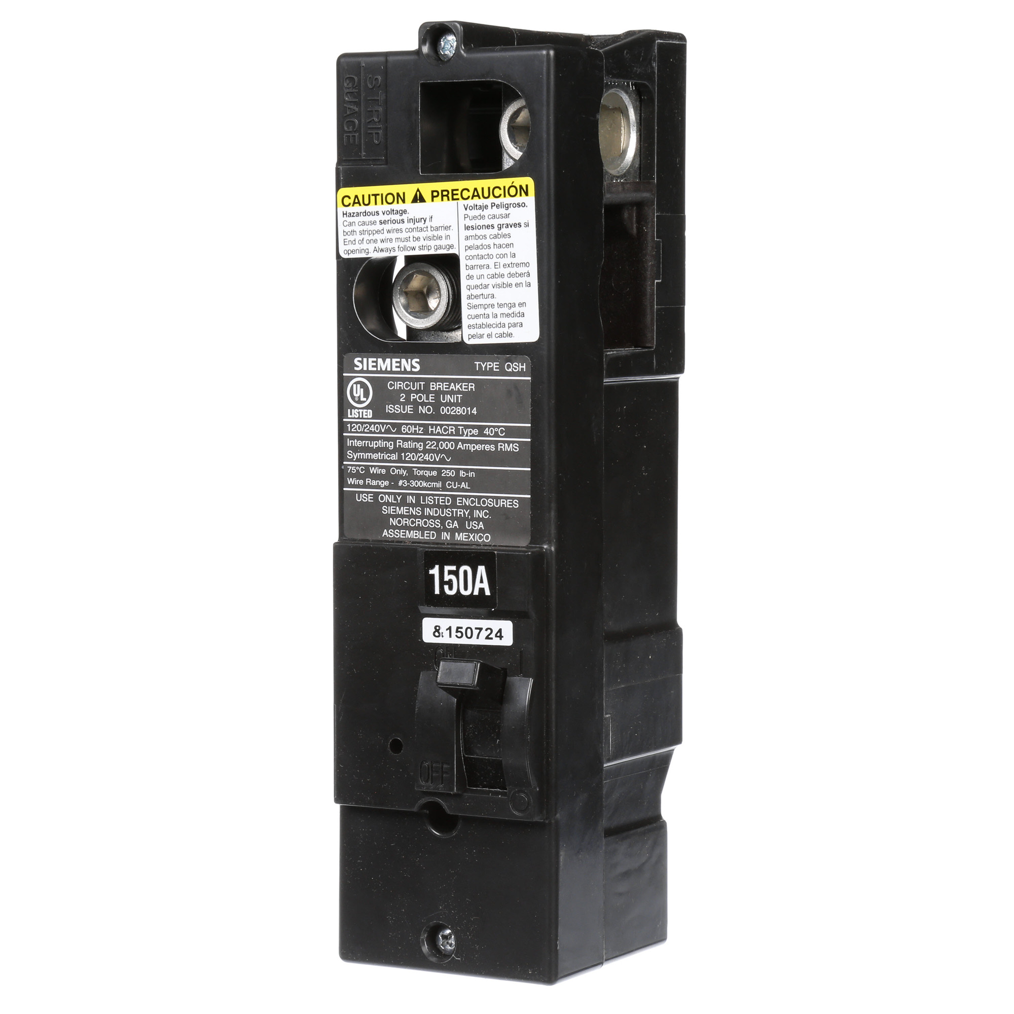  Low Voltage Residential Circuit Breakers Main Breakers - Type QS Breakers are Circuit Protection Load Center Mains, Feeders, and Miniature Circuit Breakers. Type QSH Application Electrical Distribution Standard UL 489 Voltage Rating 120/240V Amperage Rating 150A Trip Range Thermal Magnetic Interrupt Rating 22 AIC Number Of Poles 2P
