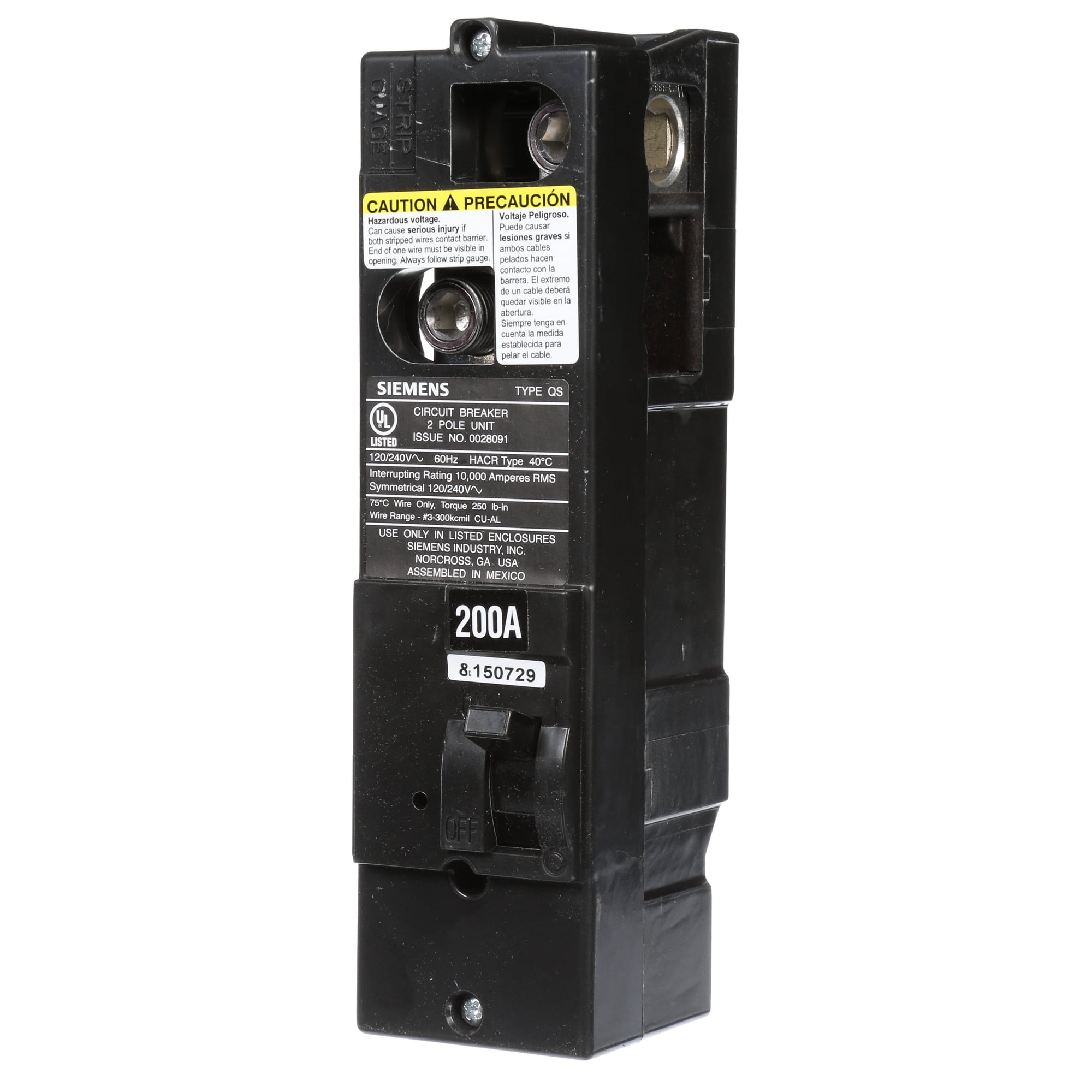  Low Voltage Residential Circuit Breakers Main Breakers - Type QS Breakers are Circuit Protection Load Center Mains, Feeders, and Miniature Circuit Breakers. Type QS Application Electrical Distribution Standard UL 489 Voltage Rating120/240V Amperage Rating 200A Trip Range Thermal Magnetic Interrupt Rating 10 AIC Number Of Poles 2P
