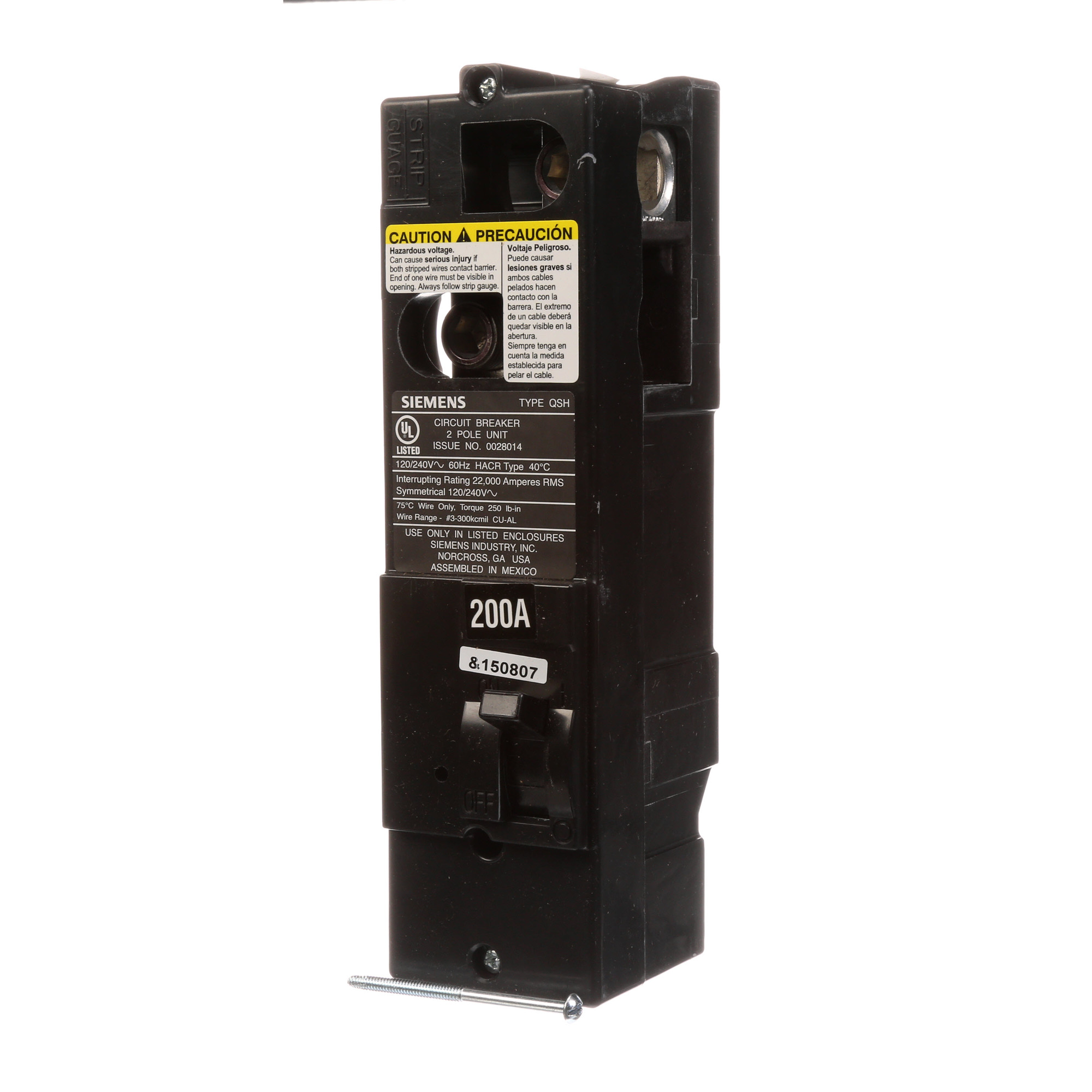  Low Voltage Residential Circuit Breakers Main Breakers - Type QS Breakers are Circuit Protection Load Center Mains, Feeders, and Miniature Circuit Breakers. Type QSH Application Electrical Distribution Standard UL 489 Voltage Rating 120/240V Amperage Rating 200A Trip Range Thermal Magnetic Interrupt Rating 22 AIC Number Of Poles 2P