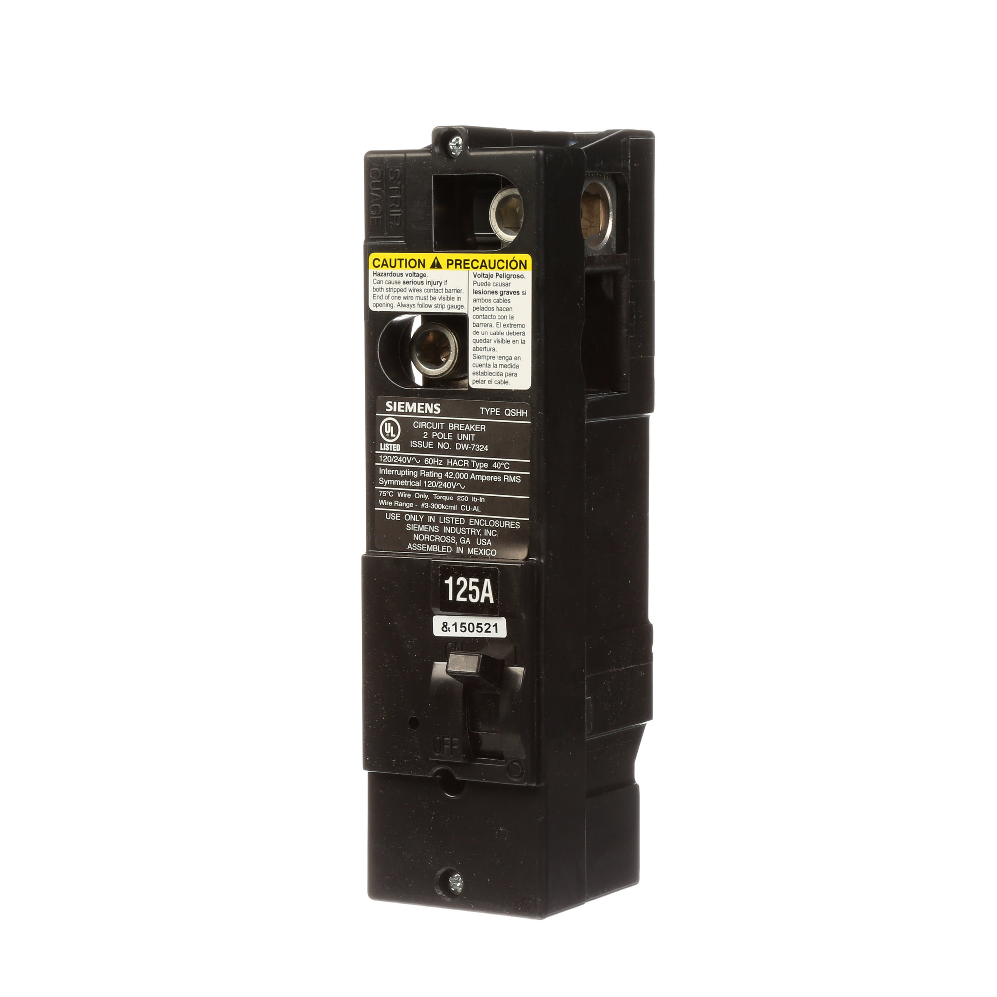 Low Voltage Residential Circuit Breakers Main Breakers - Type QS Breakers are Circuit Protection Load Center Mains, Feeders, and Miniature Circuit Breakers. Type QSHH Application Electrical Distribution Standard UL 489 Voltage Rating 120/240V Amperage Rating 125A Trip Range Thermal Magnetic Interrupt Rating 42AIC Number Of Poles 2P