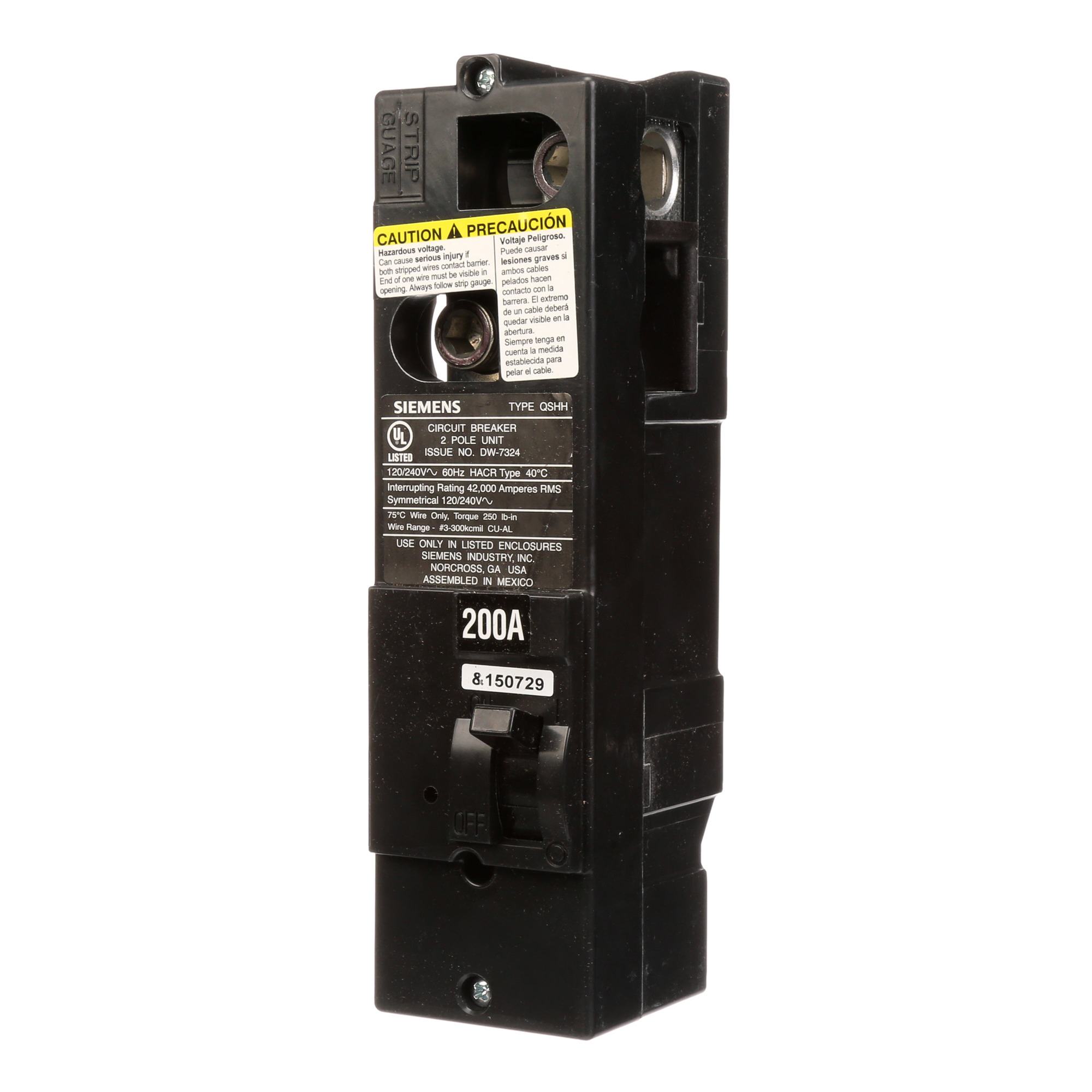  Low Voltage Residential Circuit Breakers Main Breakers - Type QS Breakers are Circuit Protection Load Center Mains, Feeders, and Miniature Circuit Breakers. Type QSHH Application Electrical Distribution Standard UL 489 Voltage Rating 120/240V Amperage Rating 200A Trip Range Thermal Magnetic Interrupt Rating 42AIC Number Of Poles 2P