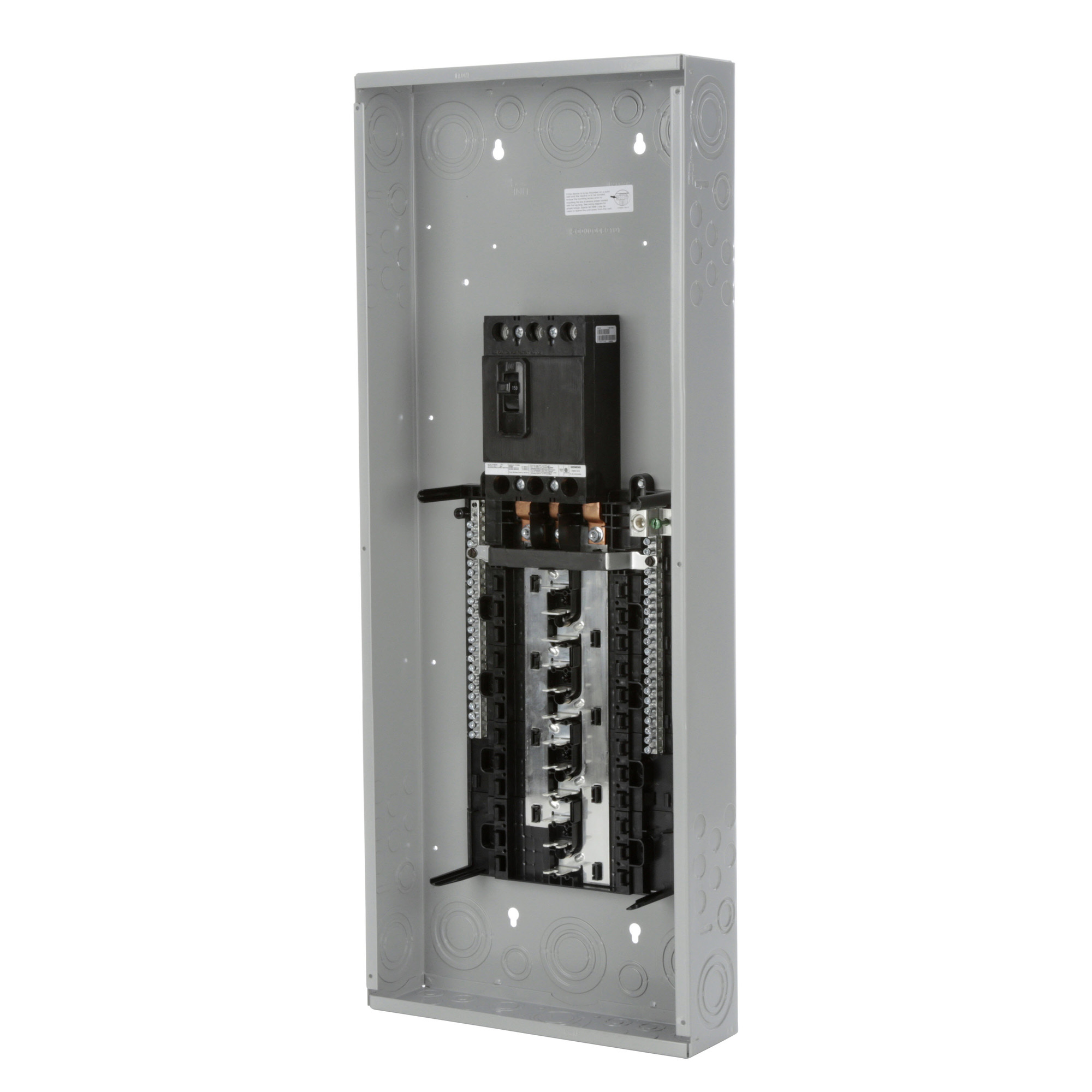  LOW VOLTAGE ES SERIES LOAD CENTER. FACTORY INSTALLED MAIN BREAKER WITH 24 1-INCH SPACES ALLOWING MAX 42 CIRCUITS. 3-PHASE 4-WIRE SYSTEM RATED 120/240V OR 120/208V (150A) 10KA INTERRUPT. SPECIAL FEATURES ALUMINUM BUS, GRAY TRIM, NEMA TYPE1 ENCLOSURE FOR INDOOR USE.