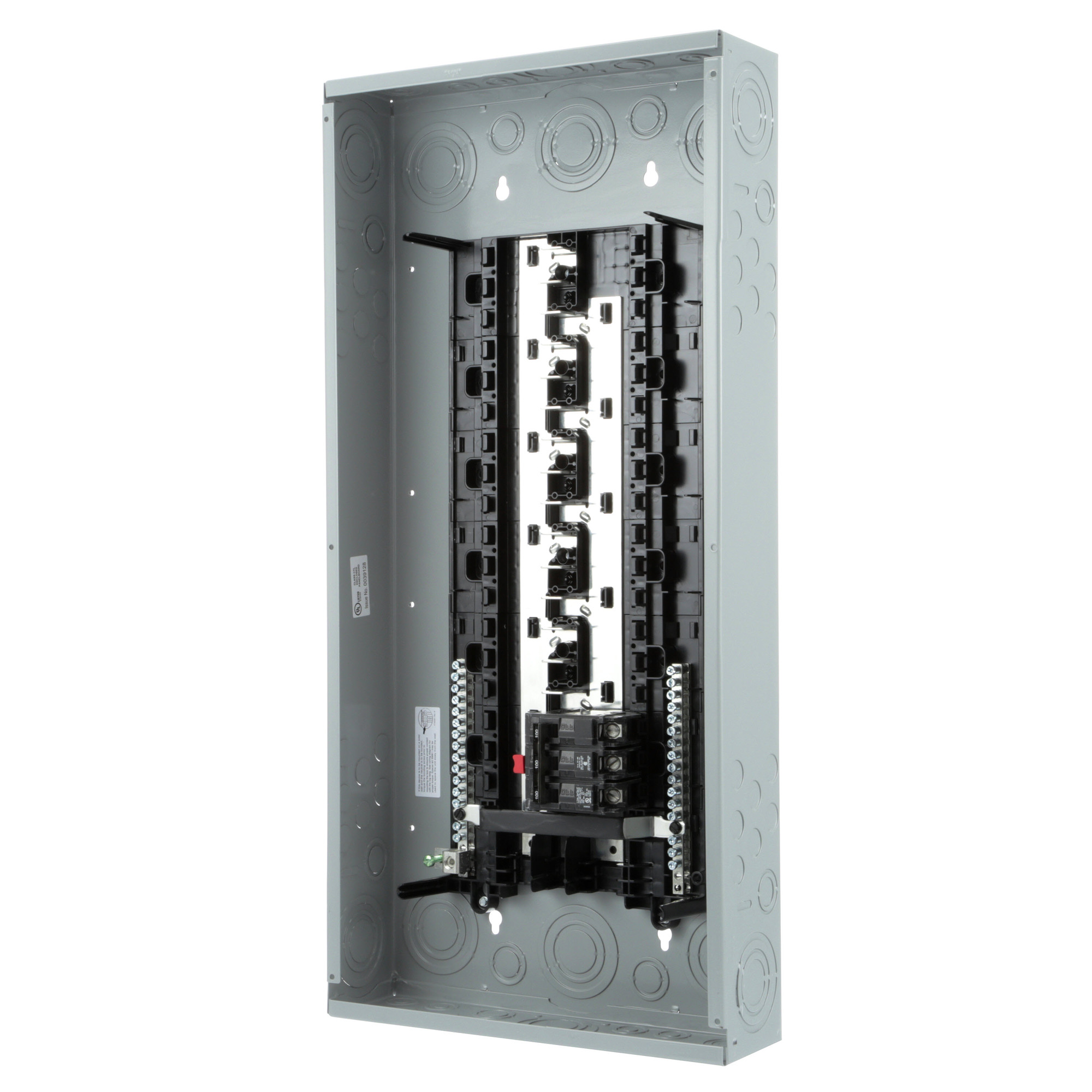  LOW VOLTAGE ES SERIES LOAD CENTER. FACTORY INSTALLED MAIN BREAKER WITH 30 1-INCH SPACES ALLOWING MAX 30 CIRCUITS. 3-PHASE 4-WIRE SYSTEM RATED 120/240V OR 120/208V (100A) 10KA INTERRUPT. SPECIAL FEATURES ALUMINUM BUS, GRAY TRIM, NEMA TYPE1 ENCLOSURE FOR INDOOR USE.