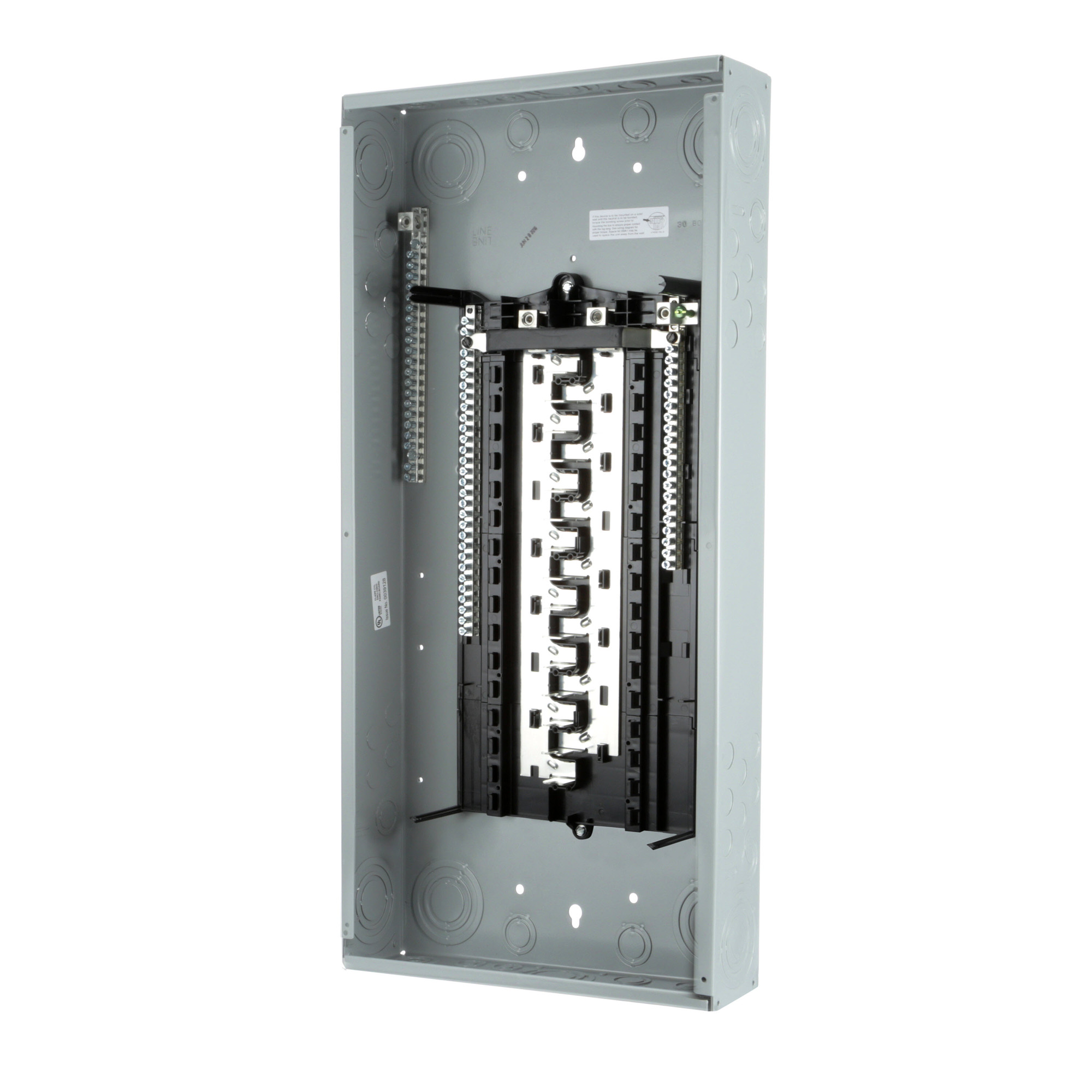  LOW VOLTAGE ES SERIES LOAD CENTER. MAIN LUG WITH 30 1-INCHSPACES ALLOWING MAX 40 CIRCUITS. 1-PHASE 3-WIRE SYSTEM RATED 120/240V(125A) 100KA INTERRUPT. SPECIAL FEATURES ALUMINUM BUS, FACTORYINSTALLED GROUND BAR, GRAY TRIM, NEMA TYPE1 ENCLOSURE FOR INDOOR USE.. REPLACED BY SN3048L1125. AVAILABLE 4/1/2020