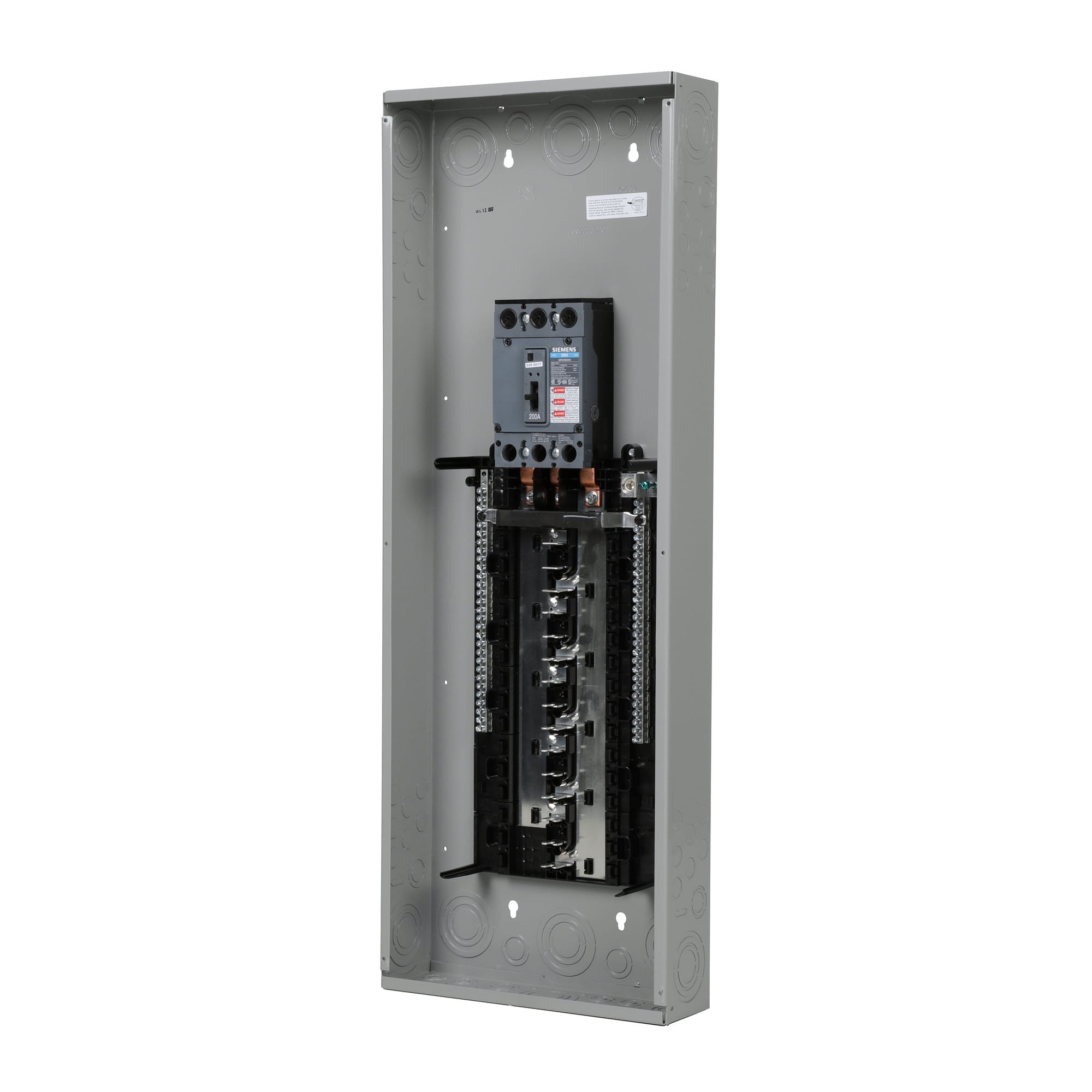  LOW VOLTAGE ES SERIES LOAD CENTER. FACTORY INSTALLED MAIN BREAKER WITH 30 1-INCH SPACES ALLOWING MAX 54 CIRCUITS. 3-PHASE 4-WIRE SYSTEM RATED 120/240V OR 120/208V (200A) 10KA INTERRUPT. SPECIAL FEATURES ALUMINUM BUS, GRAY TRIM, NEMA TYPE1 ENCLOSURE FOR INDOOR USE.