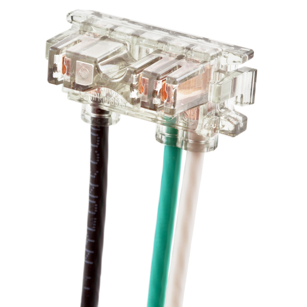 Straight Blade Devices, Receptacles, SNAP-CONNECT Connector, SNAP-CONNECT Series, 2-Pole 3-Wire Grounding, 20A 125V, Stranded, Right Angled, Clear terminal with 6-inch leads, USA