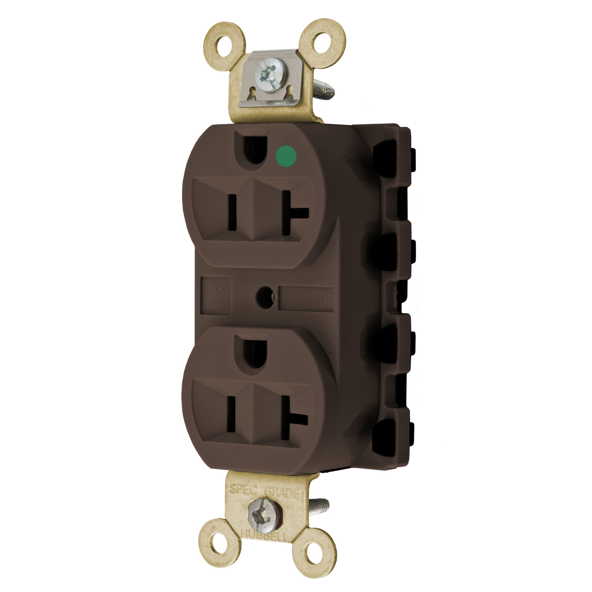 Straight Blade Devices, Receptacles, Duplex, SNAPConnect, Hospital Grade, 20A 125V, 2-Pole 3-Wire Grounding, 5-20R, Nylon, Brown.