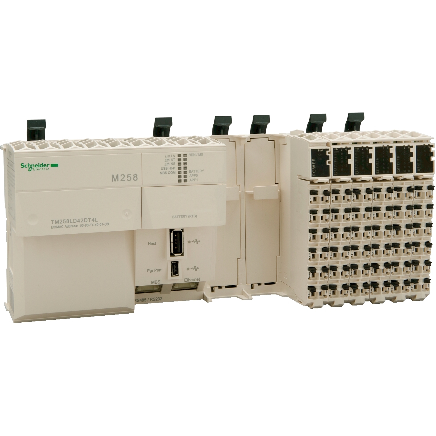 logic controller, Modicon M258, compact base, 42 + 4 IO, 24V DC