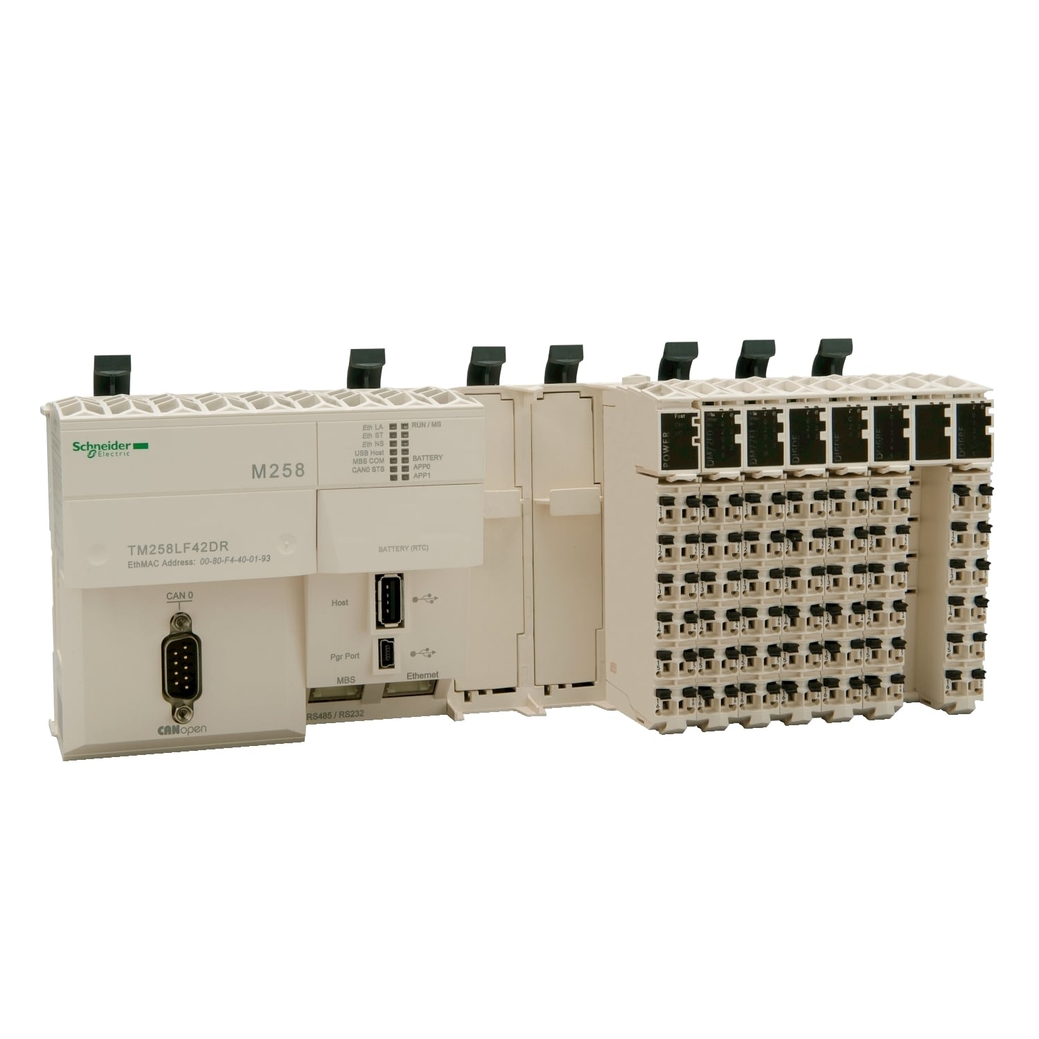 logic controller, Modicon M258, compact base, 42 IO, 24V DC, relay, CANopen