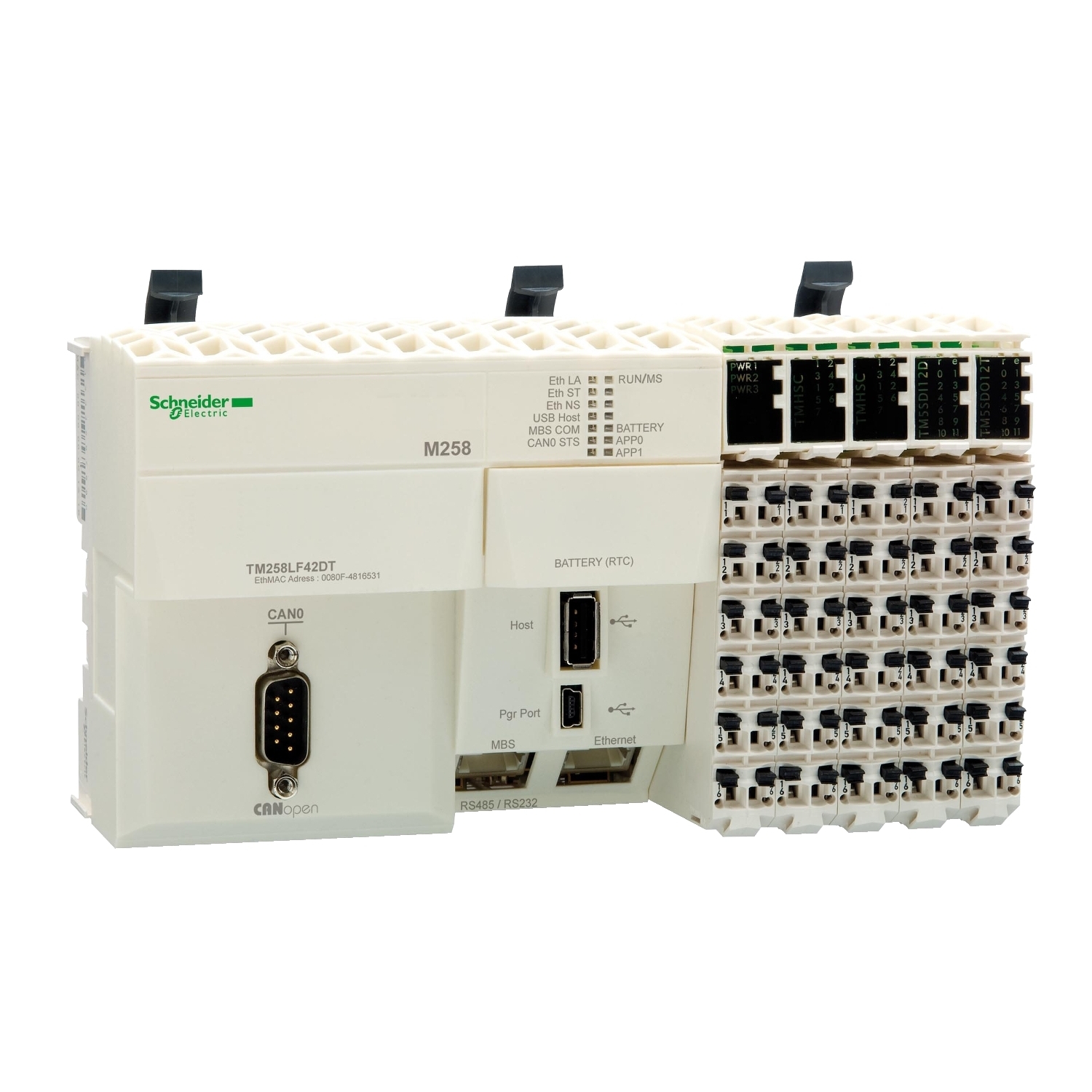 logic controller, Modicon M258, compact base, 42 IO, 24V DC, CANopen