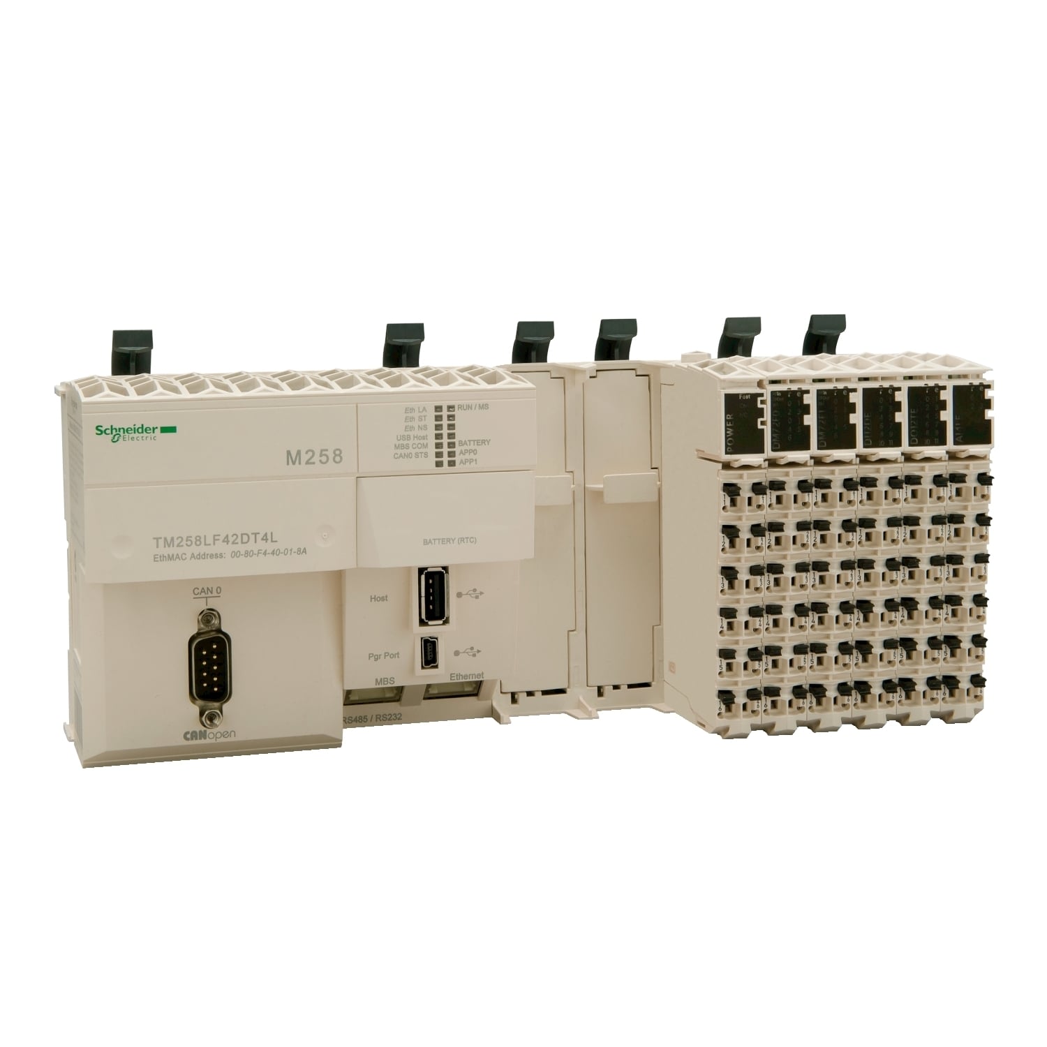 logic controller, Modicon M258, compact base, 42 + 4 IO, 24V DC, CANopen