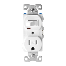Eaton commercial grade combination switch, tamp resist, auto-grnd, neon pilot, Stand, #14 - #12 AWG, 15A, Commer, 120V switch, 125V recept, bk and sd wiring, togg, Maint closure, Screw, Brass, blk, 5-15R, -20-60?C, dplx, thermoplas, PVC