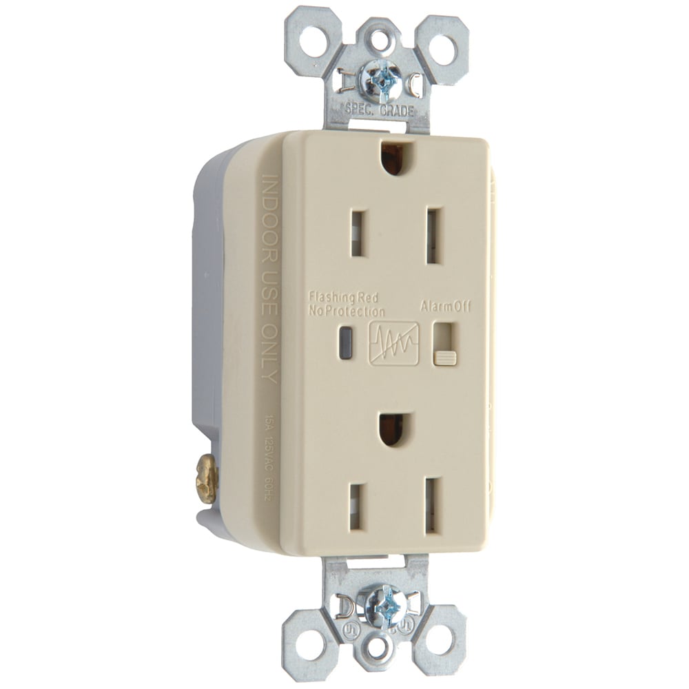 Tamper-Resistant Extra Heavy-Duty Surge ProtectiveDuplexReceptacle offers increased transient protection, reliability and protection notification (Audible Alarm with LED Indicator). Back and, Side Wire, 15amp 125volt, Ivory