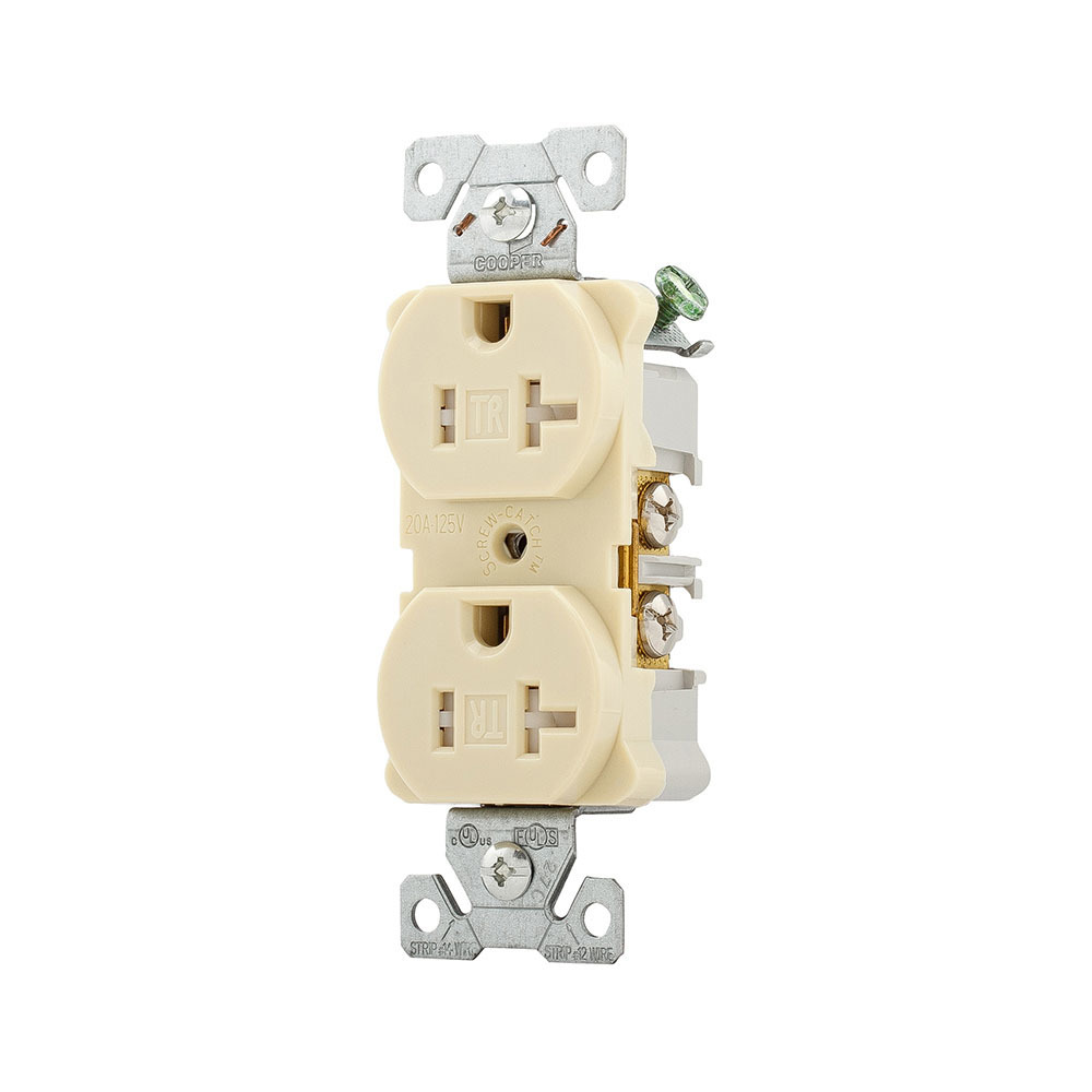 Eaton Arrow Hart heavy-duty industrial specification grade duplex receptacle,#14-10 AWG,20A,Industrial,Flush,125V,Back and side,Ivory,Brass,Impact-resistant thermoplastic face,PVC body,5-20R,Duplex,Screw,Thermoplastic,Core pack