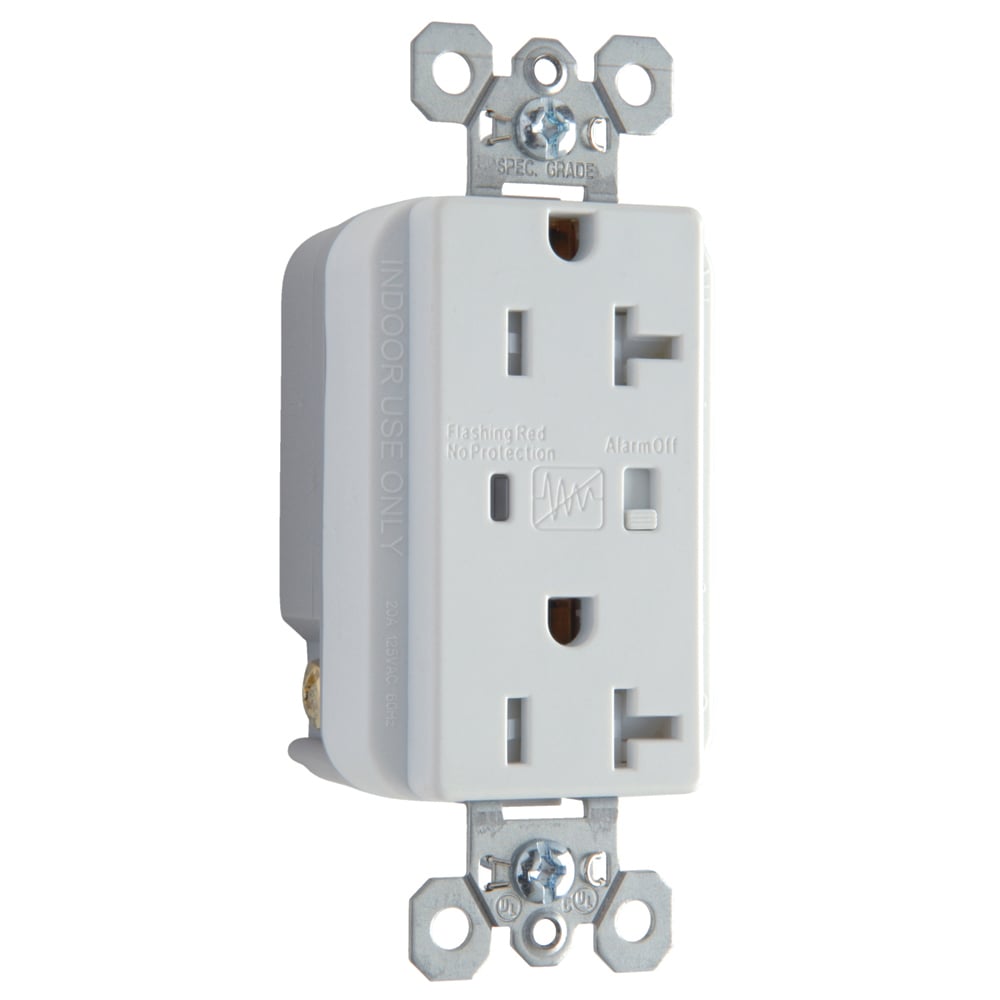 Tamper-Resistant Extra Heavy-Duty Surge ProtectiveDuplexReceptacle offers increased transient protection, reliability and protection notification (Audible Alarm with LED Indicator). Back and, Side Wire, 20amp 125volt, White.