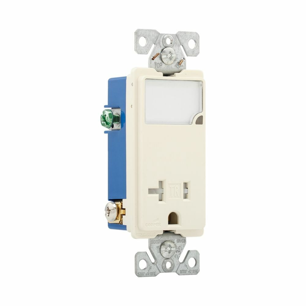 Eaton combination nightlight with receptacle, Tamper resistant, #14-12 AWG, 20A, Flush mount, 120/277V, Back and side wiring, Light almond, Brass, 5-20R, Two-pole, three-wire, grounding, Decorator, Thermoplastic