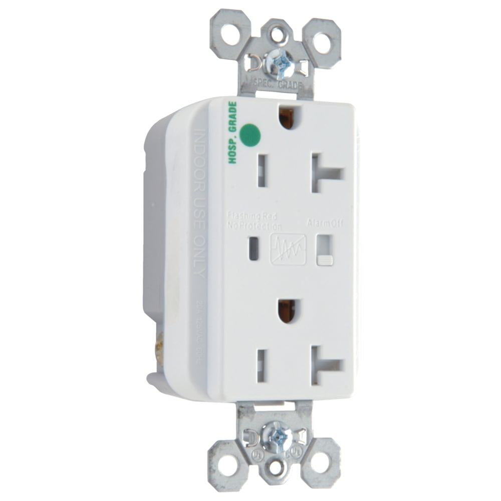 Tamper-Resistant Hospital Grade Extra Heavy-Duty Surge ProtectiveDuplexReceptacle offers increased transient protection, reliability and protection notification (Audible Alarm with LED Indicator). Back and, Side Wire, 20amp 125volt, White.