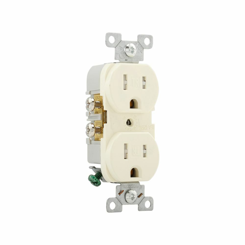 Eaton commercial specification grade duplex receptacle, #14-10 AWG, 15A, Commercial, Flush, 125V, Side wire, Almond, Brass, Impact-resistant nylon face, PVC body, 5-15R, Duplex, Screw, PVC, Core pack