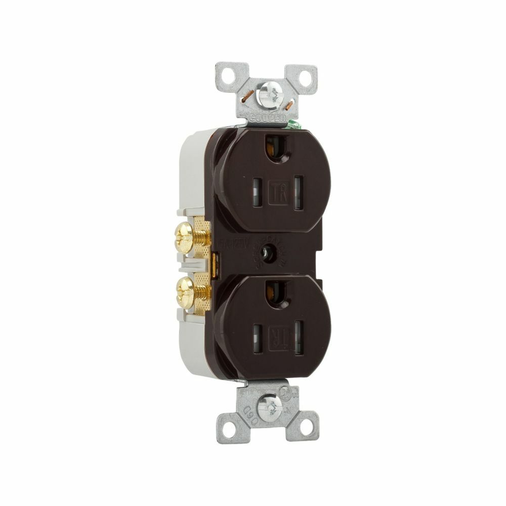 Eaton commercial specification grade duplex receptacle, #14-10 AWG, 15A, Commercial, Flush, 125V, Side wire, Brown, Brass, Impact-resistant nylon face, PVC body, 5-15R, Duplex, Screw, PVC, Core pack