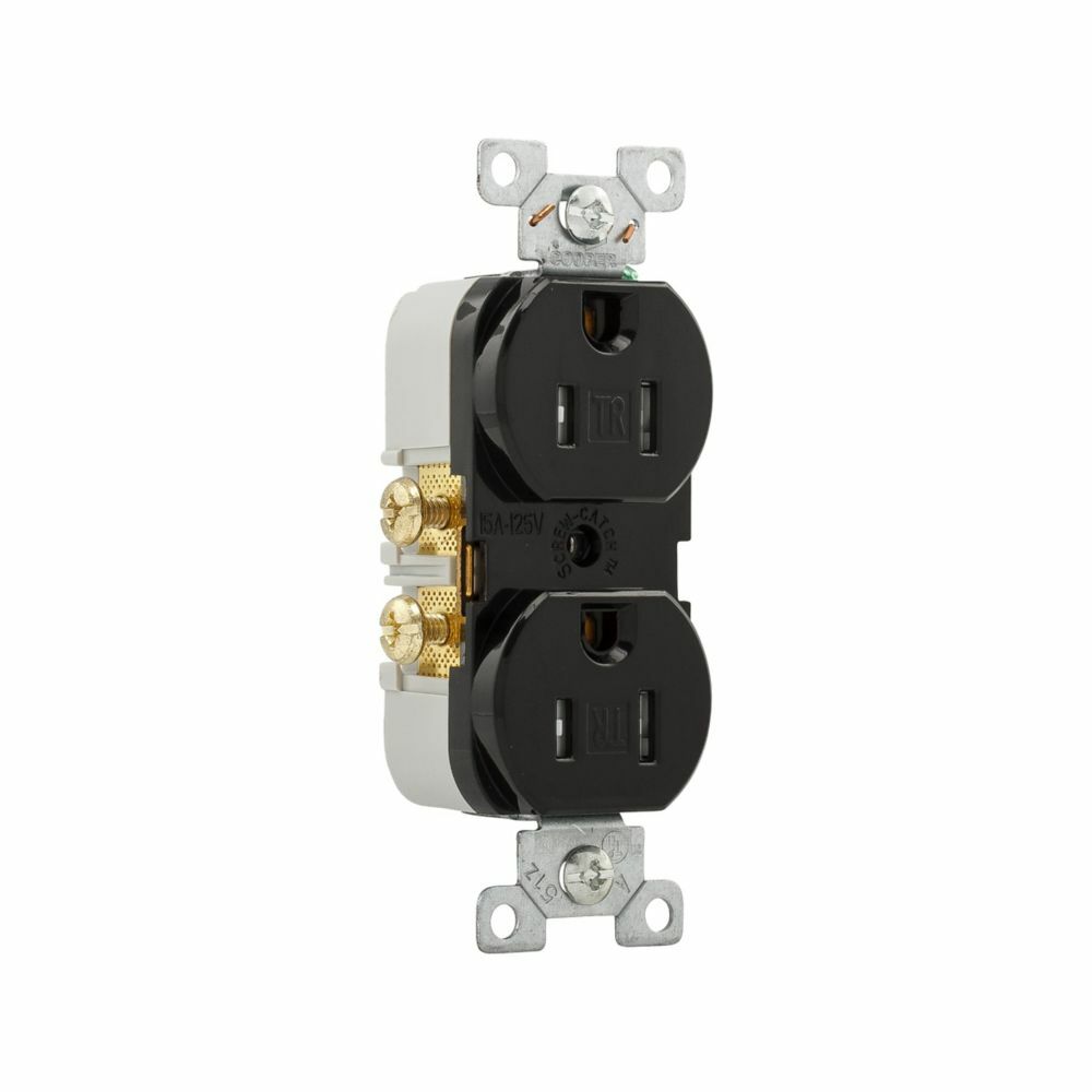 Eaton commercial specification grade duplex receptacle, #14-10 AWG, 15A, Commercial, Flush, 125V, Side wire, Black, Brass, Impact-resistant nylon face, PVC body, 5-15R, Duplex, Screw, PVC, Core pack