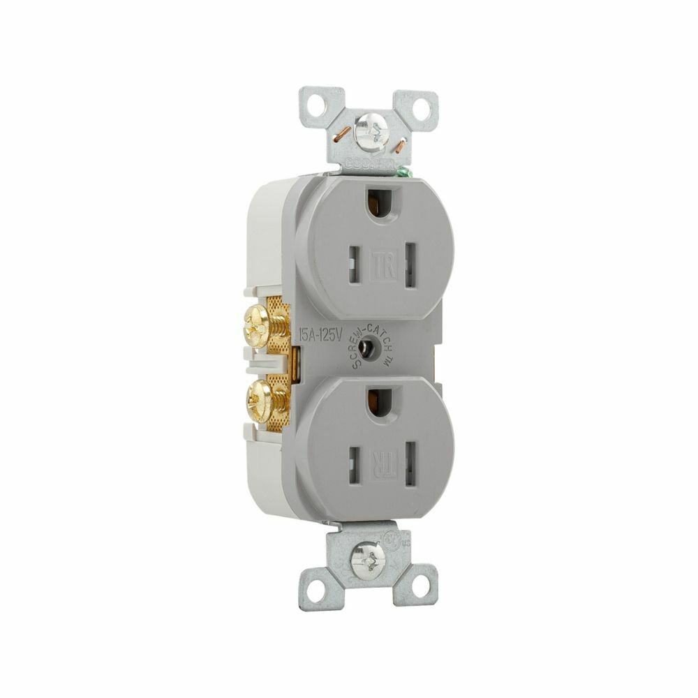 Eaton commercial specification grade duplex receptacle, #14-10 AWG, 15A, Commercial, Flush, 125V, Side wire, Gray, Brass, Impact-resistant nylon face, PVC body, 5-15R, Duplex, Screw, PVC, Core pack