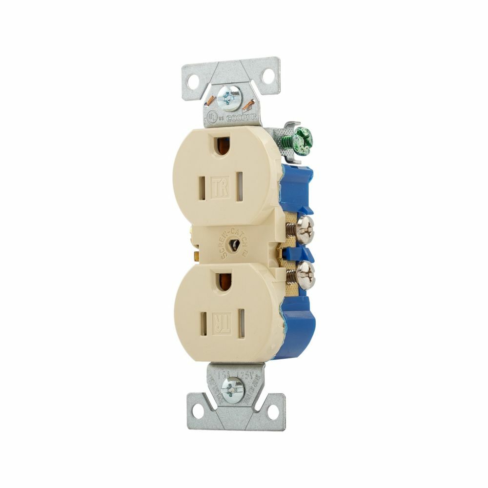 Eaton commercial specification grade duplex receptacle, #14-10 AWG, 15A, Commercial, Flush, 125V, Side wire, Ivory, Brass, Impact-resistant nylon face, PVC body, 5-15R, Duplex, Screw, PVC, Core pack
