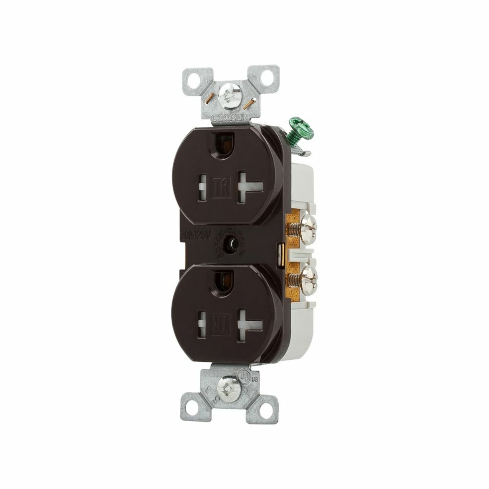 Eaton commercial specification grade duplex receptacle, #14-10 AWG, 20A, Commercial, Flush, 125V, Side wire, Brown, Brass, Impact-resistant nylon face, PVC body, 5-20R, Duplex, Screw, PVC, Core pack