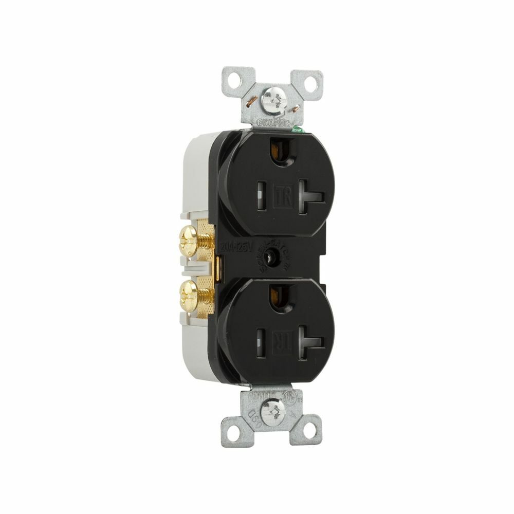 Eaton commercial specification grade duplex receptacle, #14-10 AWG, 20A, Commercial, Flush, 125V, Side wire, Black, Brass, Impact-resistant nylon face, PVC body, 5-20R, Duplex, Screw, PVC, Core pack