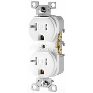 Eaton commercial specification grade duplex receptacle, #14-10 AWG, 20A, Commercial, Flush, 125V, Side wire, Light almond, Brass, Impact-resistant nylon face, PVC body, 5-20R, Duplex, Screw, PVC, Core pack
