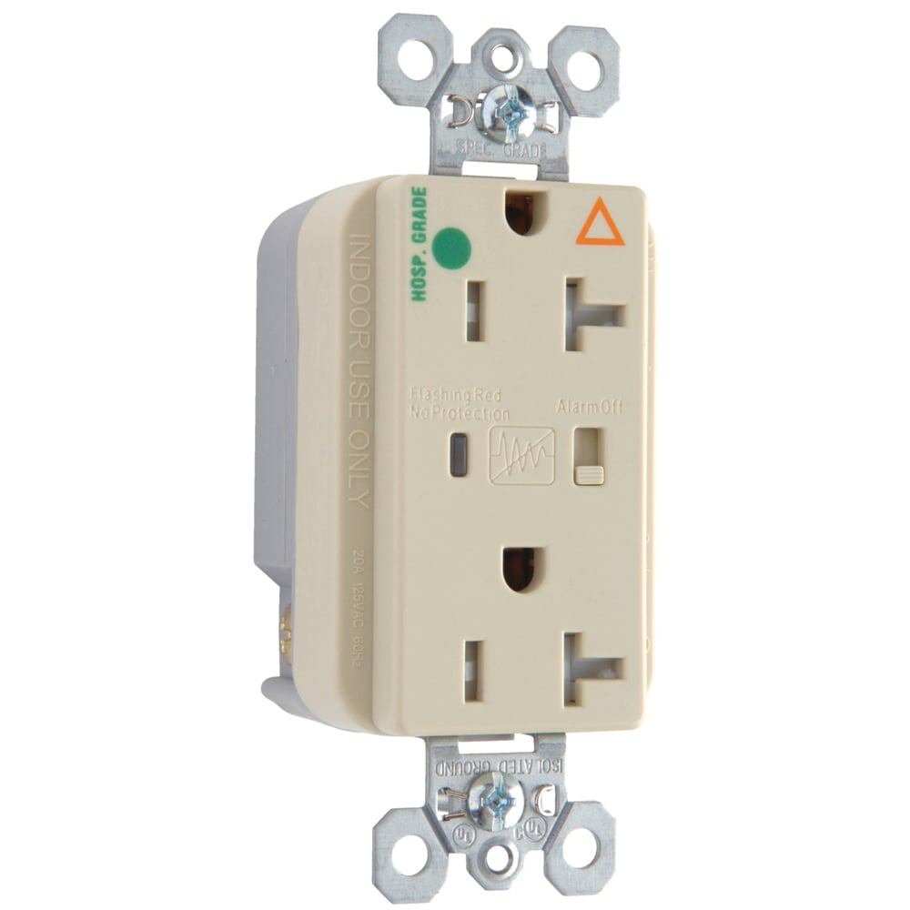 Tamper-Resistant Hospital Grade Isolated Ground Surge Protective Duplex Receptacle offers increased transient protection, reliability and protection notification (Audible Alarm with LED Indicator). Back and, Side Wire, 20amp 125volt, Ivory.