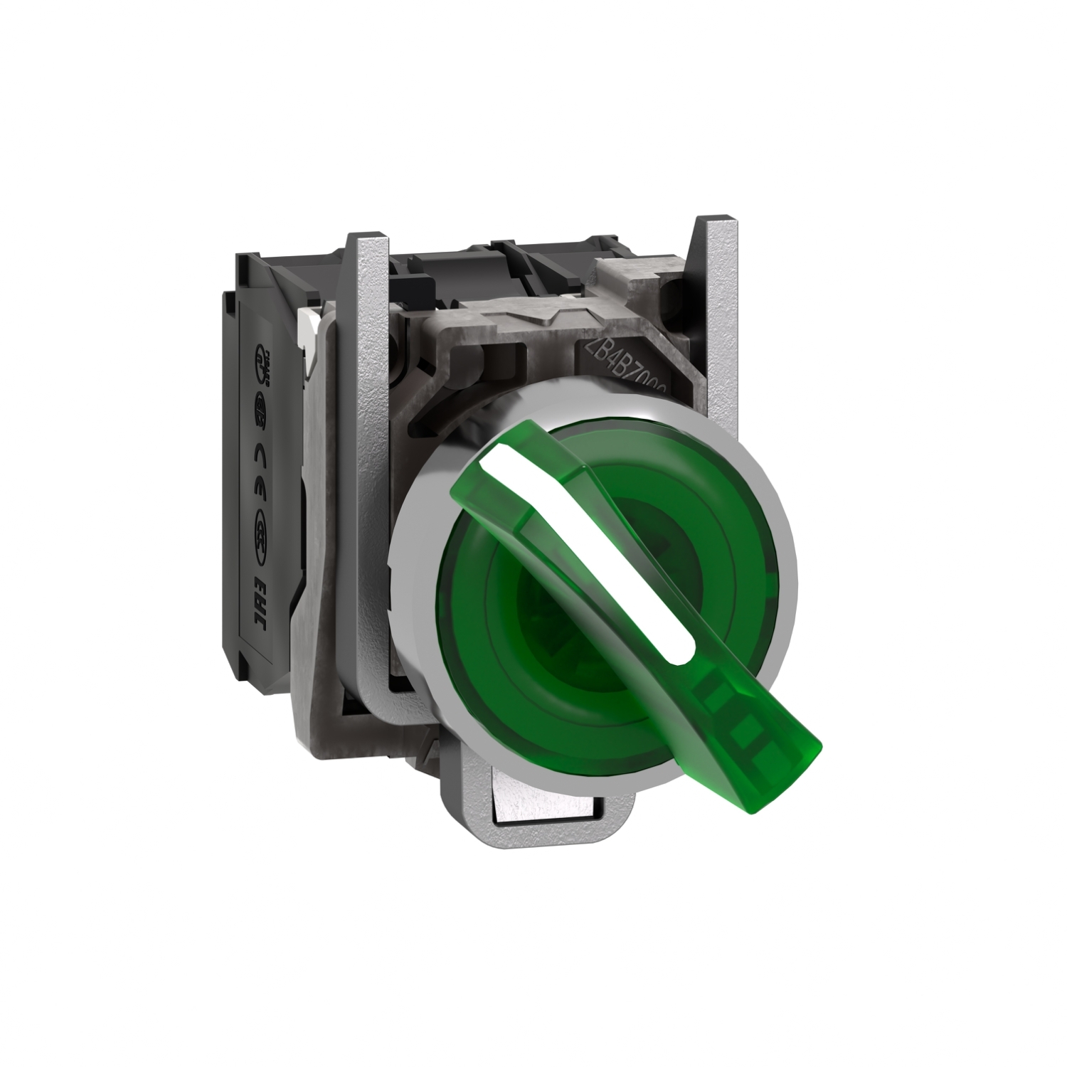 Illuminated selector switch, Harmony XB4, metal, green handle, 22mm, universal LED, 2 positions, 1NO + 1NC, 110...120V AC