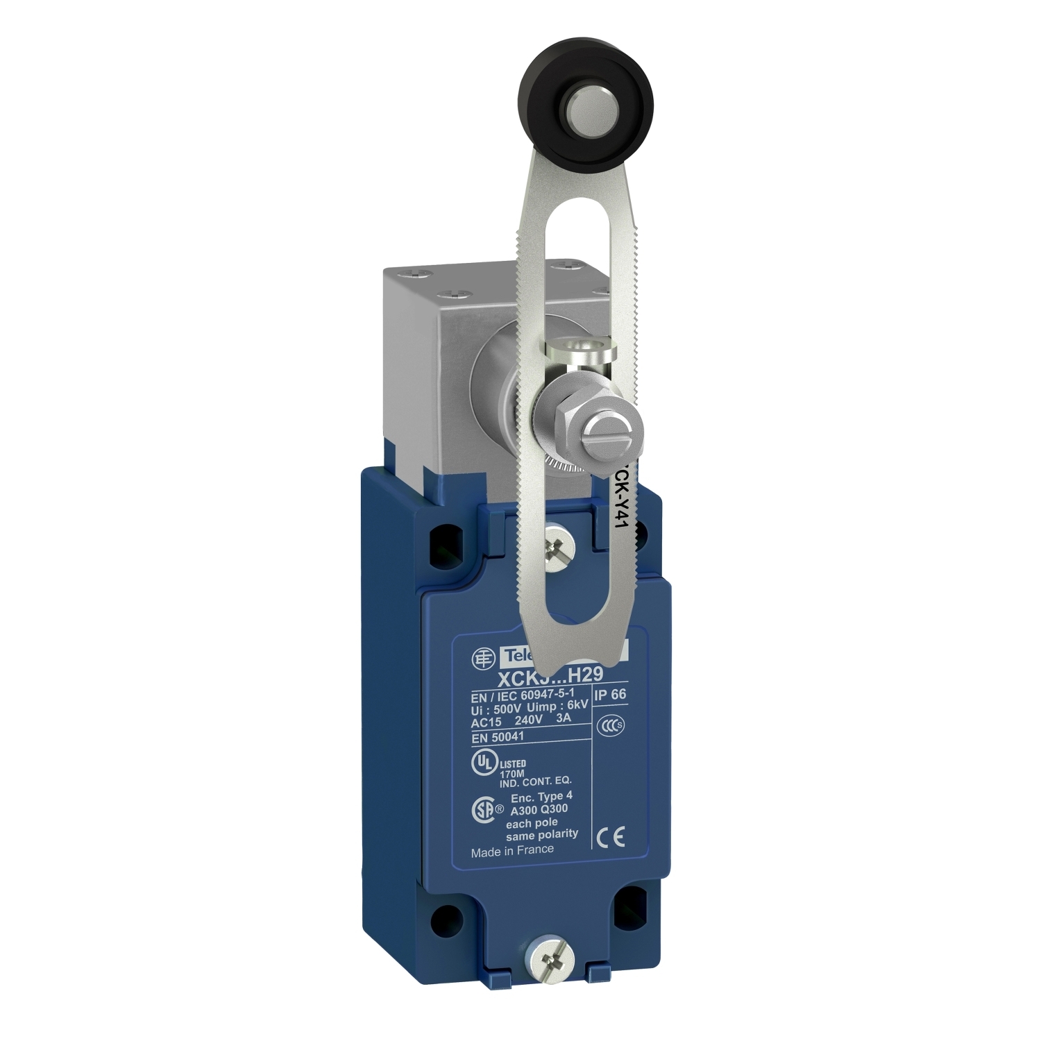Limit switch,  XC Standard, XCKJ, thermoplastic plastic roller lever var. length, 1NC+1 NO, snap, M12
