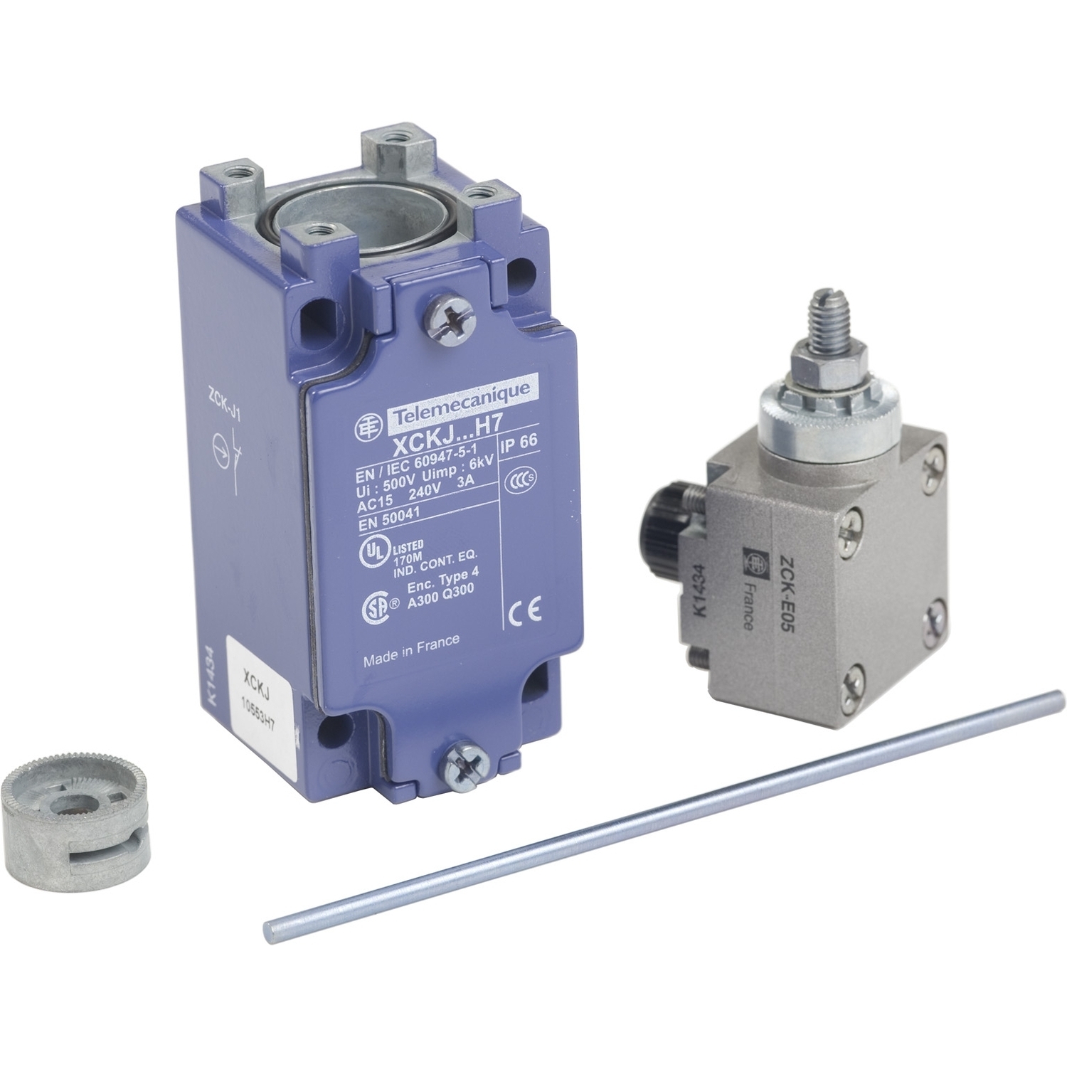 Limit switch,  XC Standard, XCKJ, metal round rod lever 3 mm, 1NC+1 NO, snap, 1/2NPT