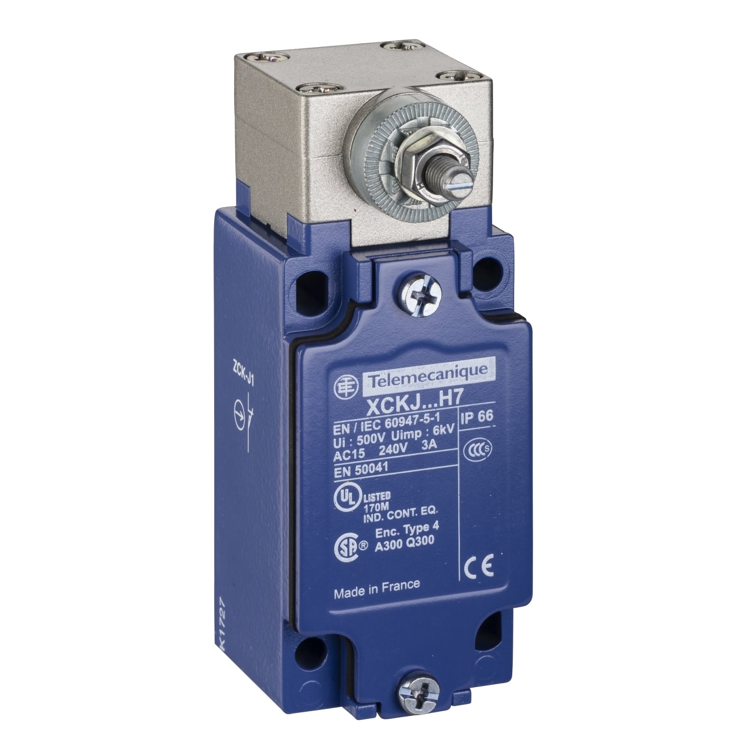 Limit switch,  XC Standard, XCKJ, rotary head w/o op. lever, 1NC+1 NO, snap action, 1/2NPT