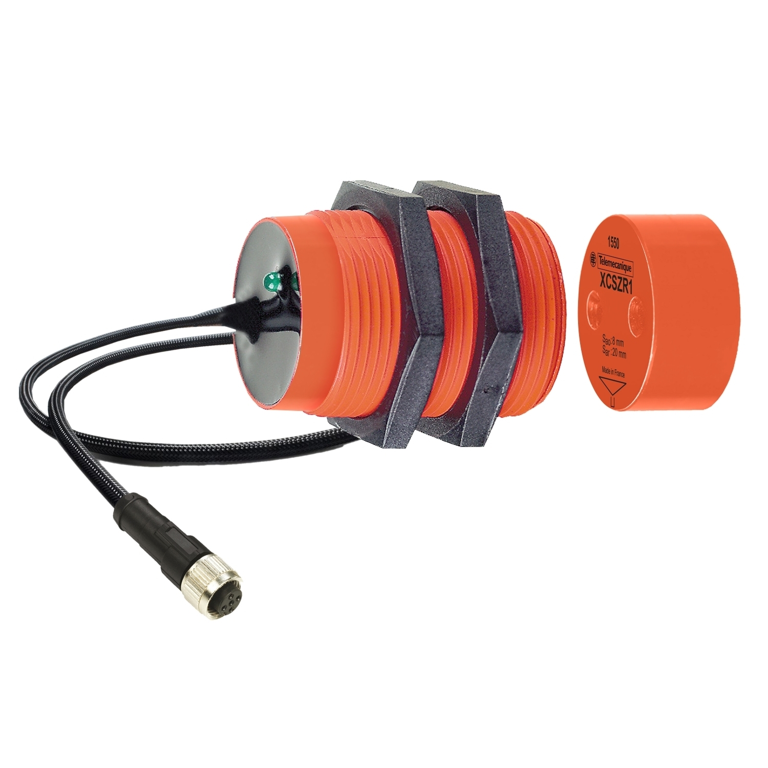 Coded magnetic switch, Telemecanique Safety switches XCS, XCSDMR, 1 NC + 1 NO, staggered, M12 0.15 m