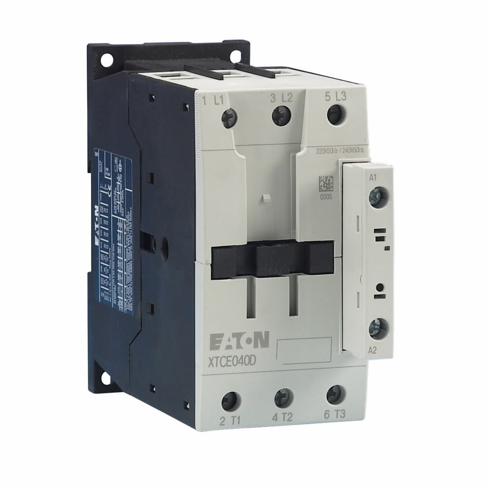 Eaton XT IEC contactor, 40A, 415 Vac, 50 Hz,  480 Vac, 60 Hz, 0NO-0NC, 40A, Frame D, 55 mm, 50-60 Hz, 3,  5,  7.5/ 10,  15,  30,  40 hp (1/3PH @115, 200, 230/200, 230, 460, 575 V), Three-pole, Non-reversing, XT IEC series, Screw terminals
